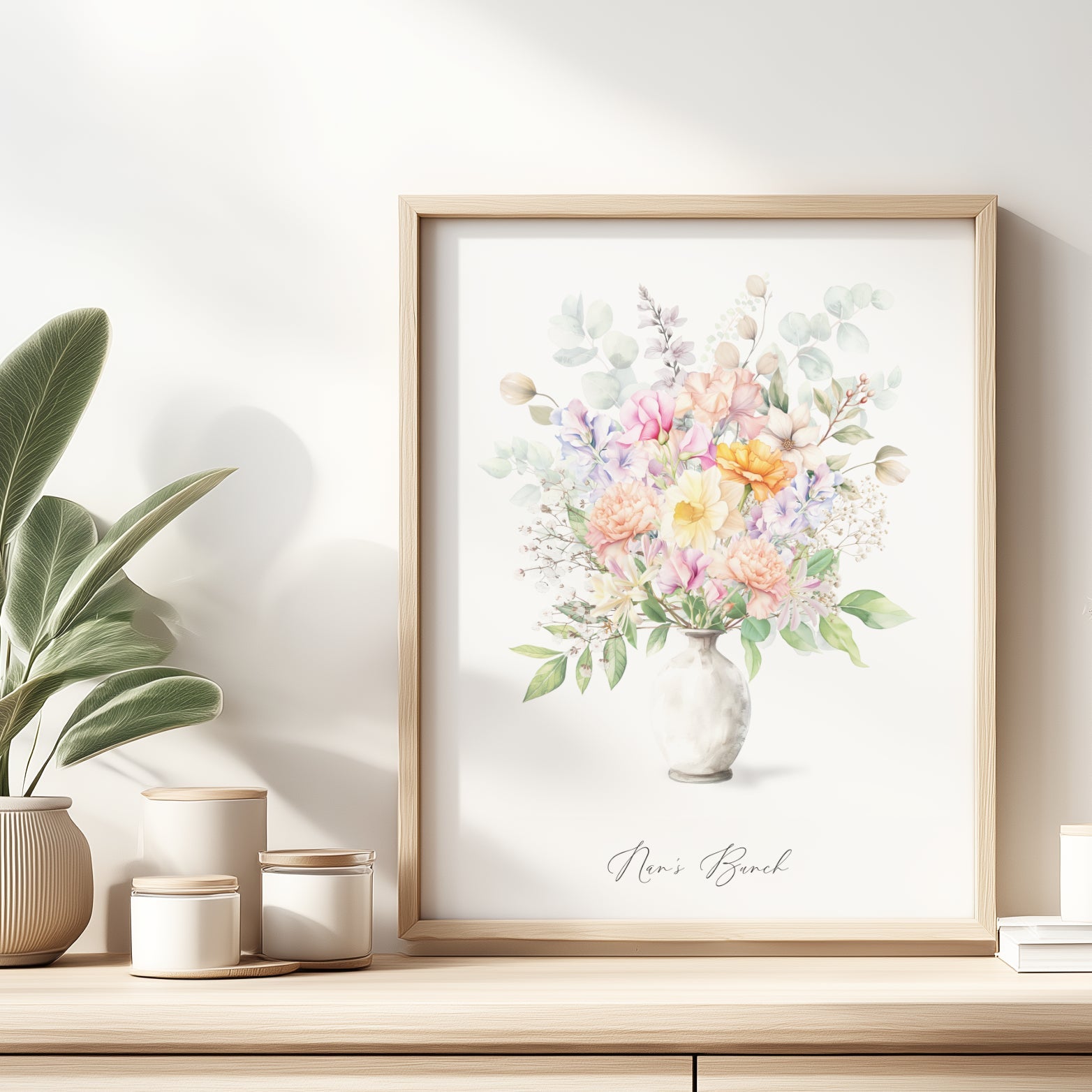 Watercolour personalised family birth flower print featuring a custom bunch of birth month flowers.