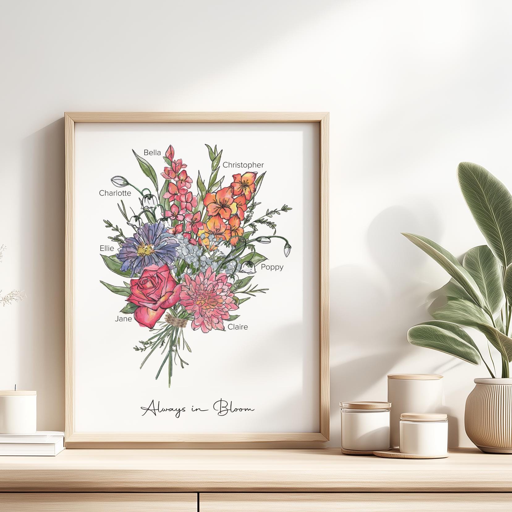 Digital download image of a personalised family birth month flower print, ready to be quickly emailed, printed, and framed at home.