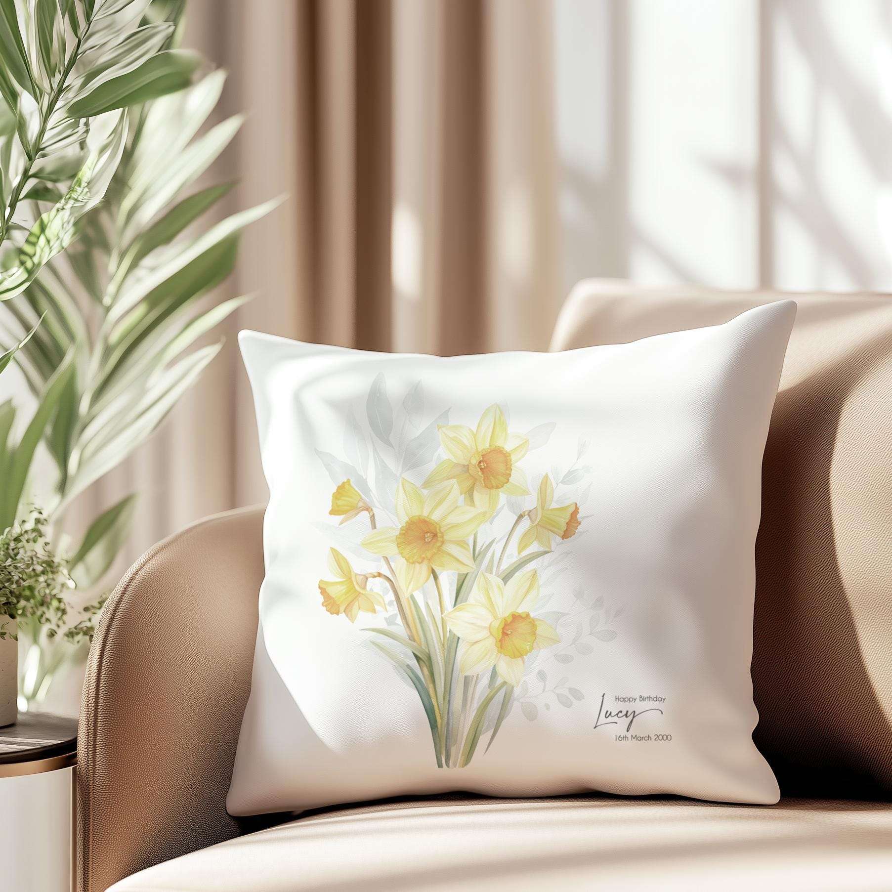 Personalised cushion cover featuring a single exquisite watercolour birth flower design with subtle foliage, ideal birthday gift for mum