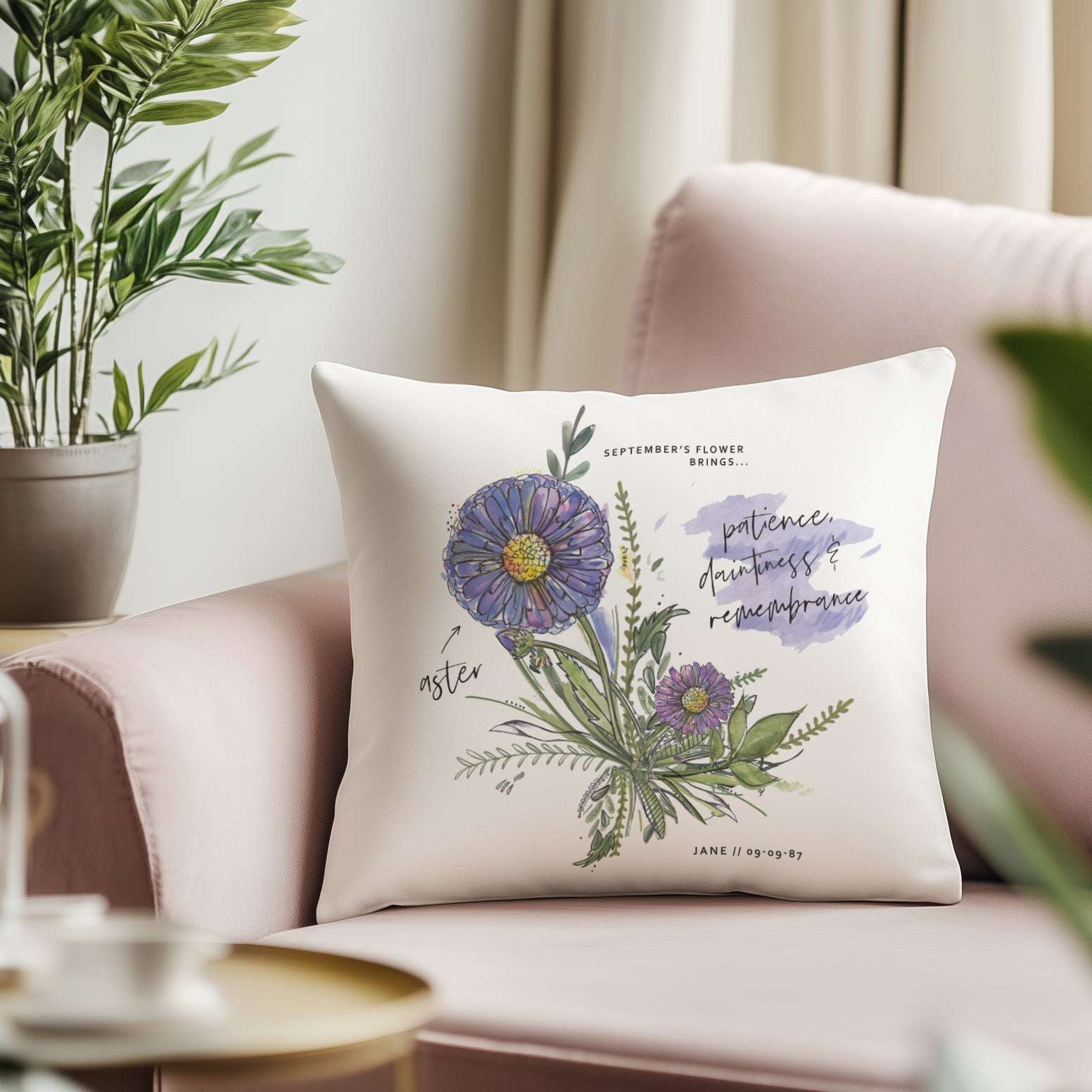 Personalised birthday cushion featuring a detailed birth month flower print for a custom milestone gift.