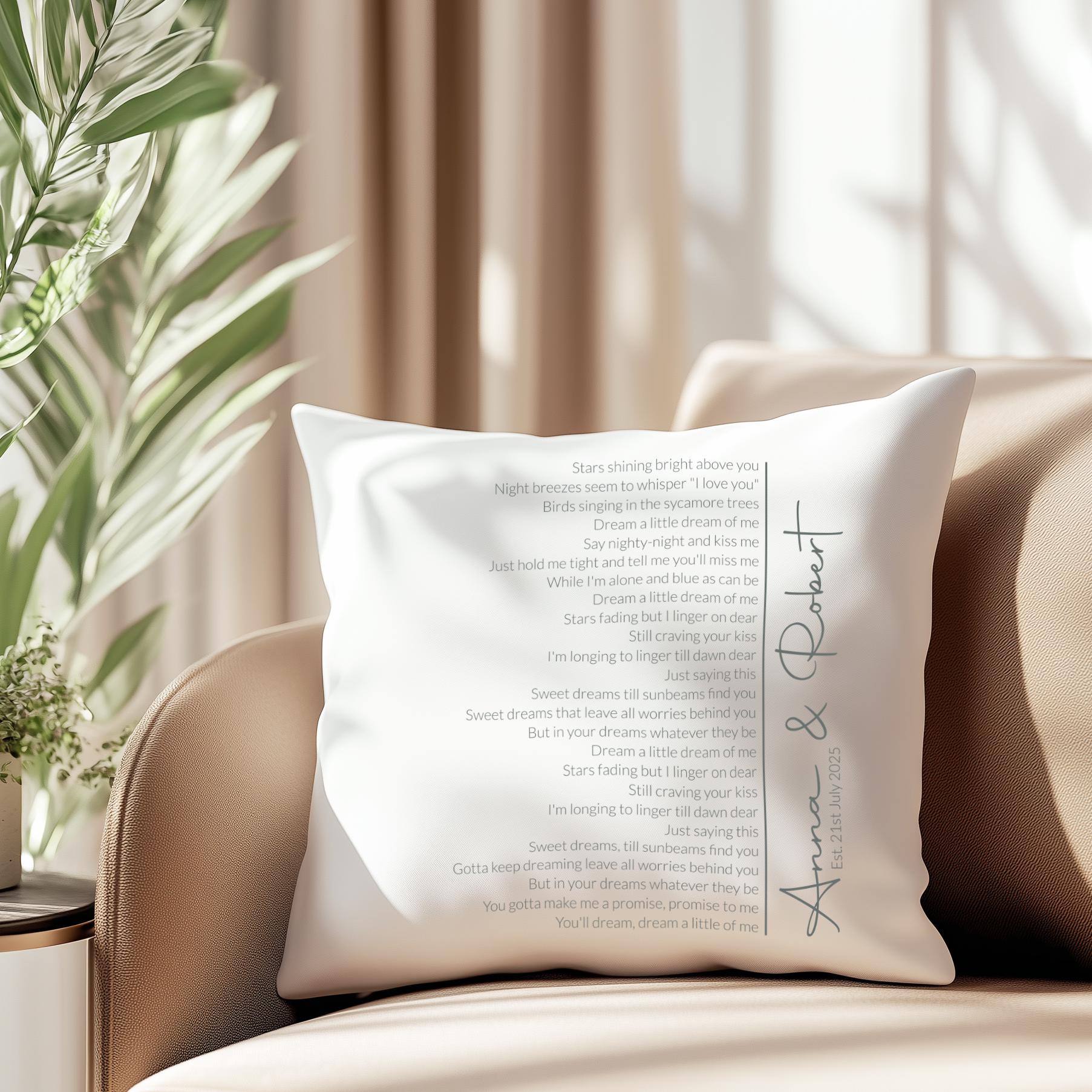 Personalised wedding cushion with first dance song lyrics, made in Scottish studio.