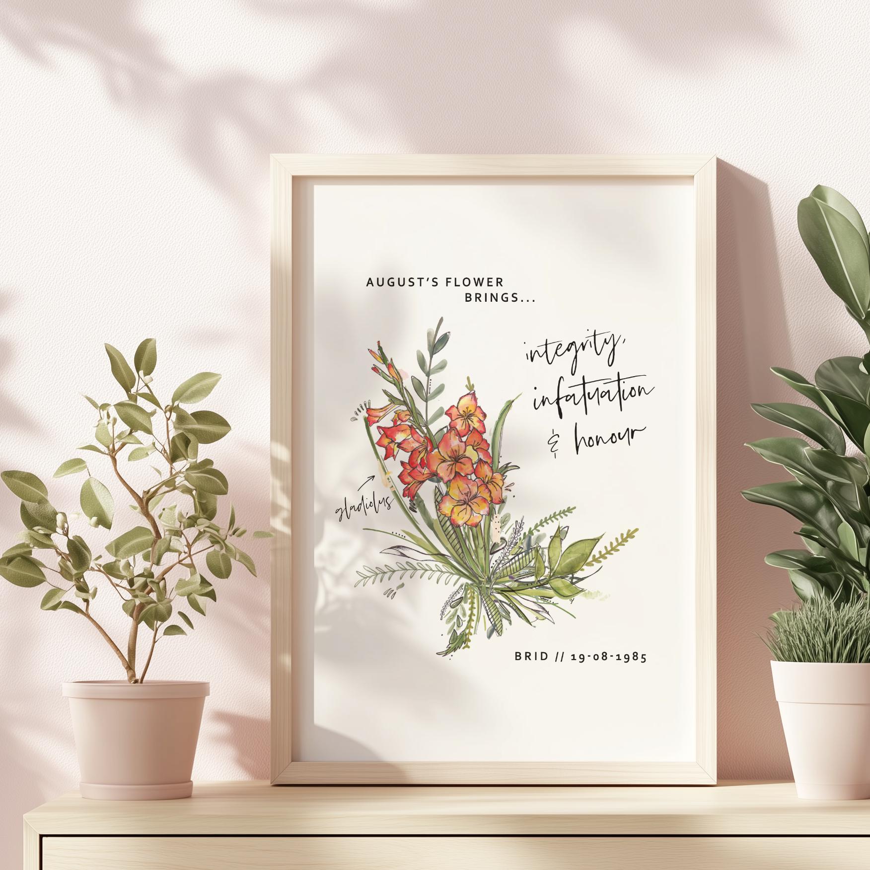 Personalised birth month flower print for a unique birthday gift, shown framed in an elegant line-art style.