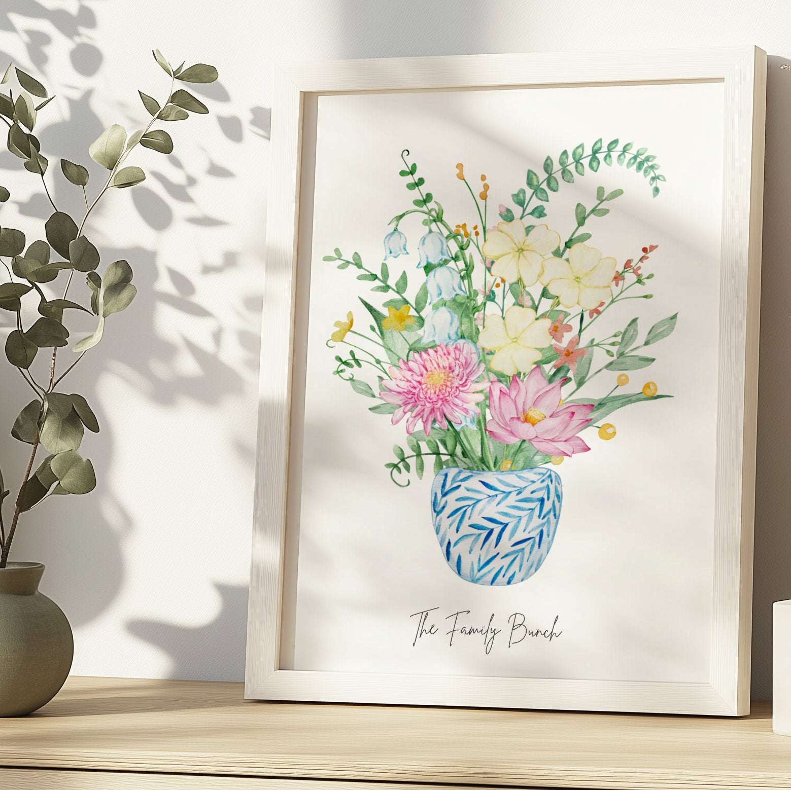 Personalised digital watercolour art of a family birth flower bouquet with wildflowers, customised with names and a unique design