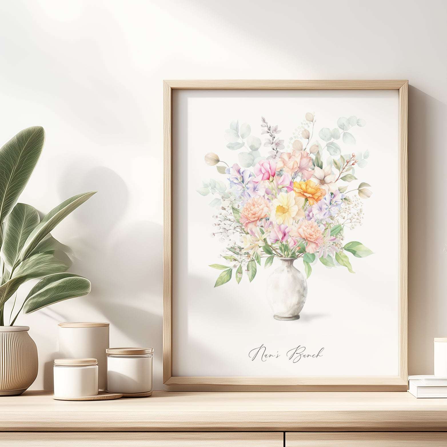 Personalised family wall art digital print showing a watercolour bouquet of 3 to 15 birth month flowers with custom names

