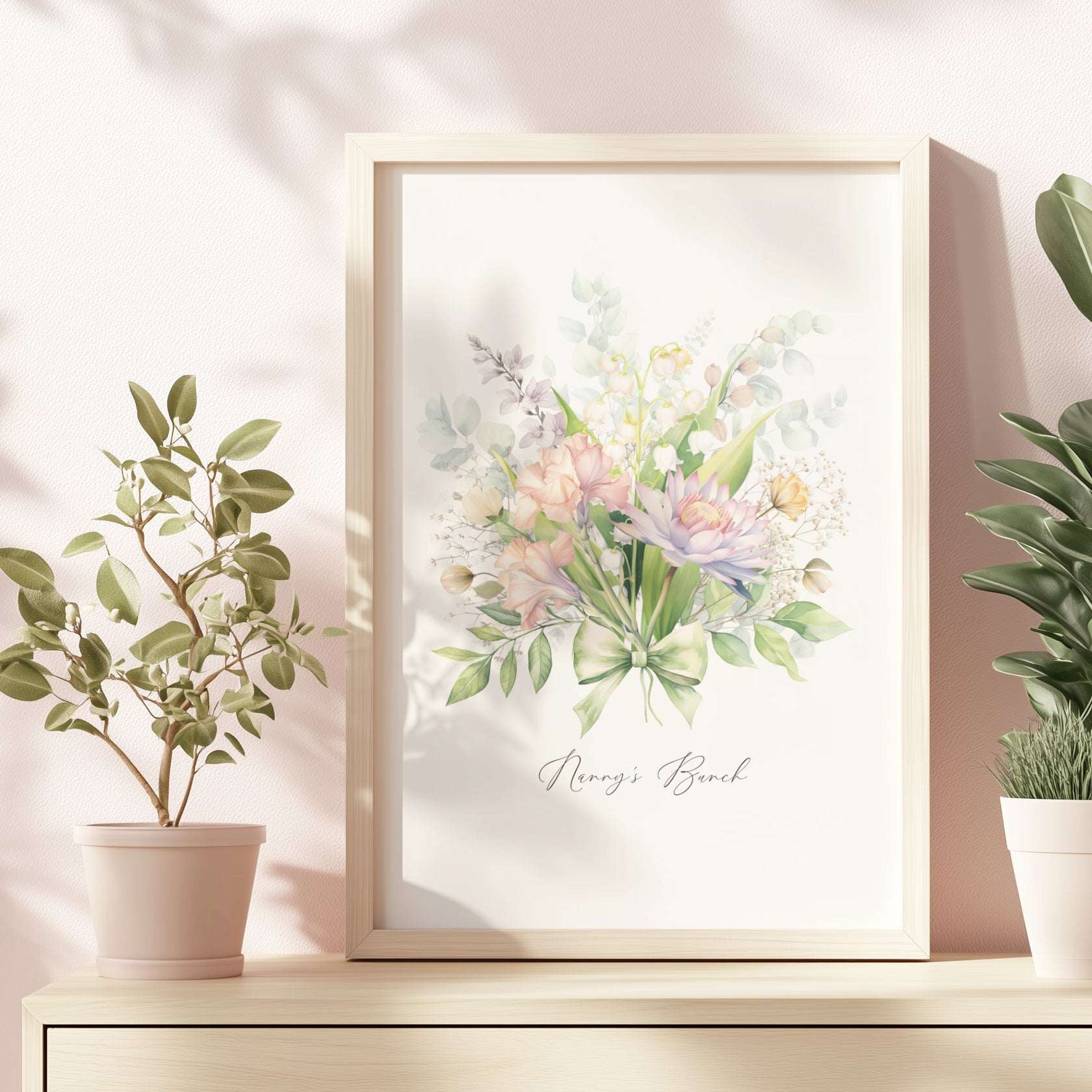 Personalised family wall art digital print showing a watercolour bouquet of 3 to 15 birth month flowers with custom names
