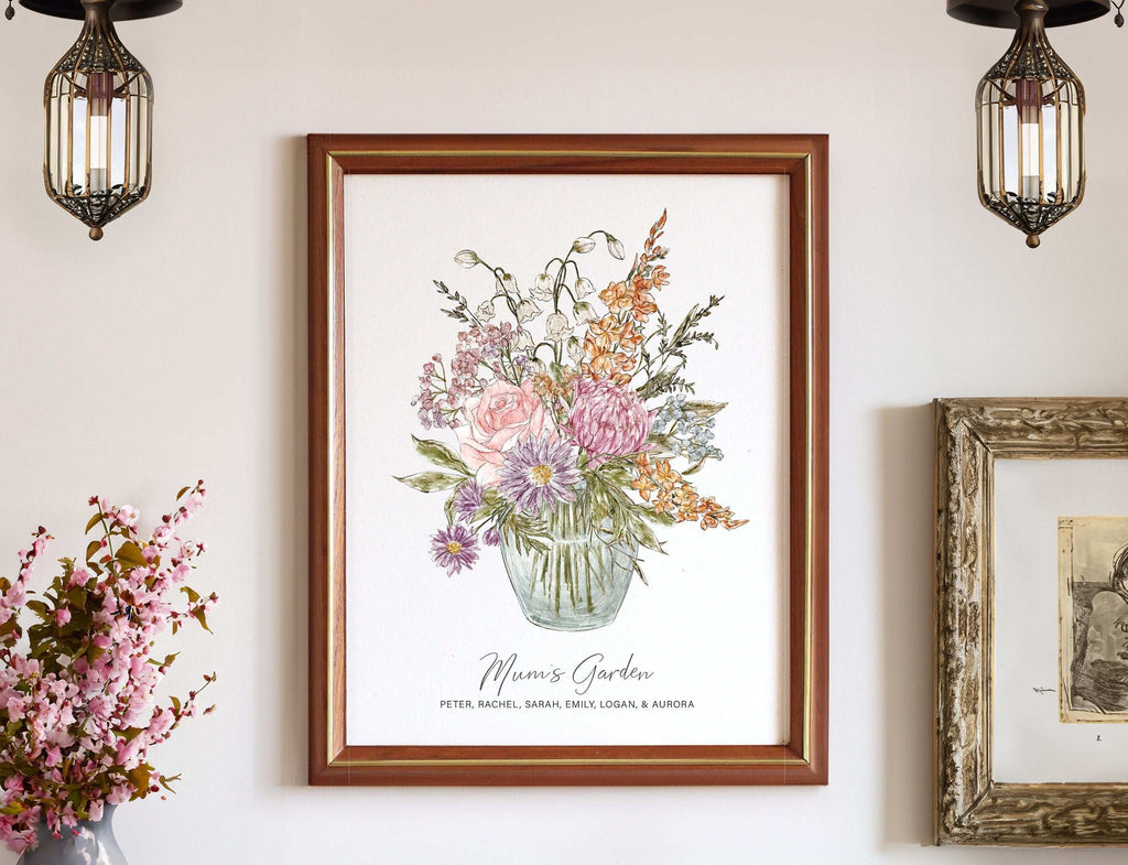 Custom digital family wall art print showing a watercolour birth month flower bouquet in a vase, personalised with family and individual names for her