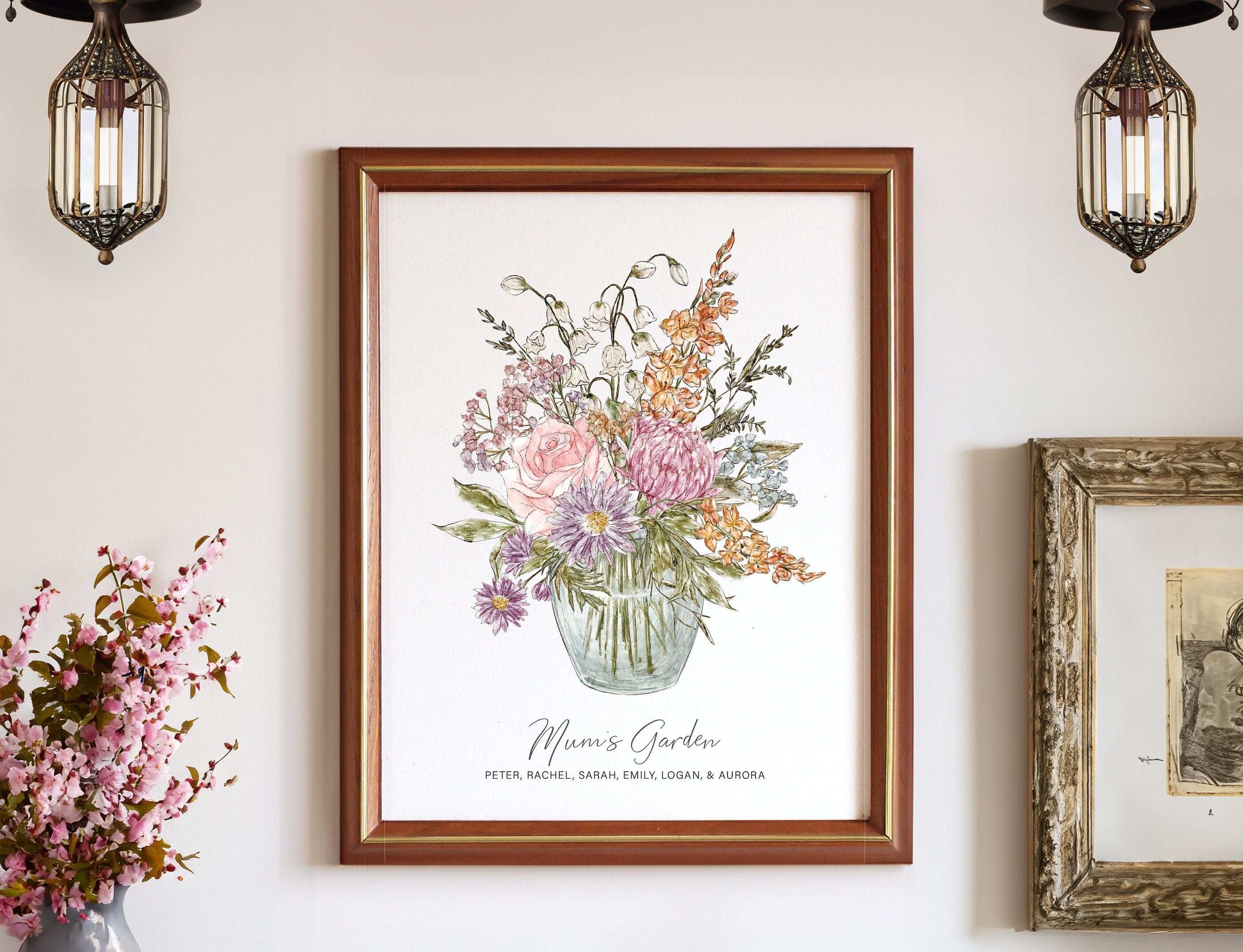 Custom digital family wall art print showing a watercolour birth month flower bouquet in a vase, personalised with family and individual names for her
