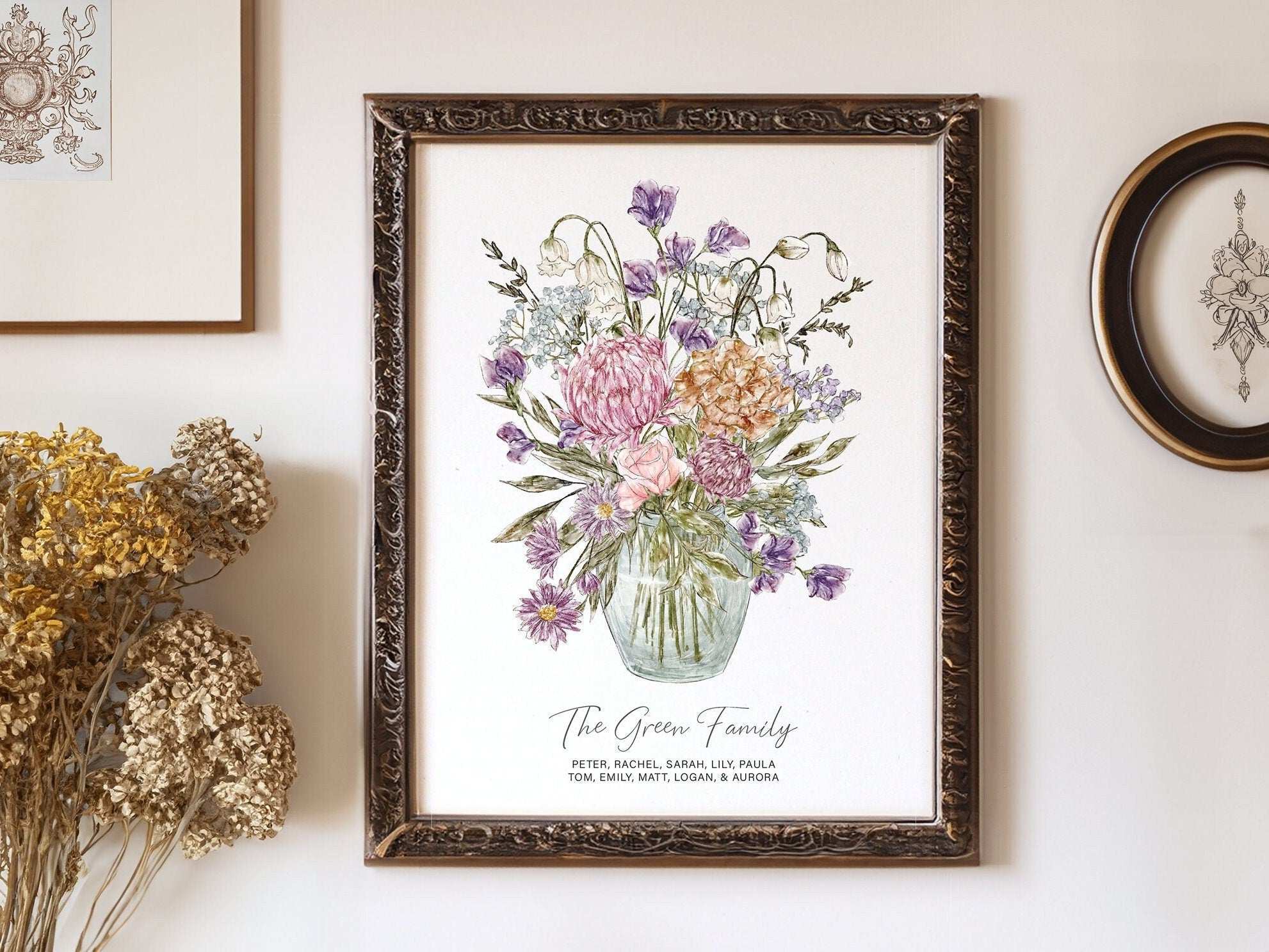 Custom digital family wall art print showing a watercolour birth month flower bouquet in a vase, personalised with family and individual names for her