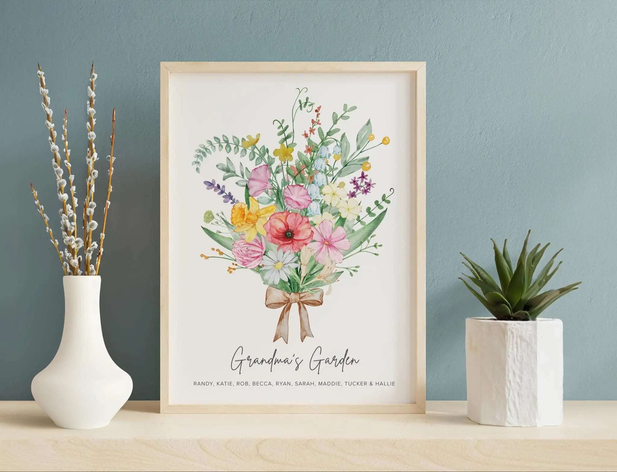 Personalised digital print featuring a watercolour birth month flower bouquet with wildflowers, customised with family names for Mum or Grandma