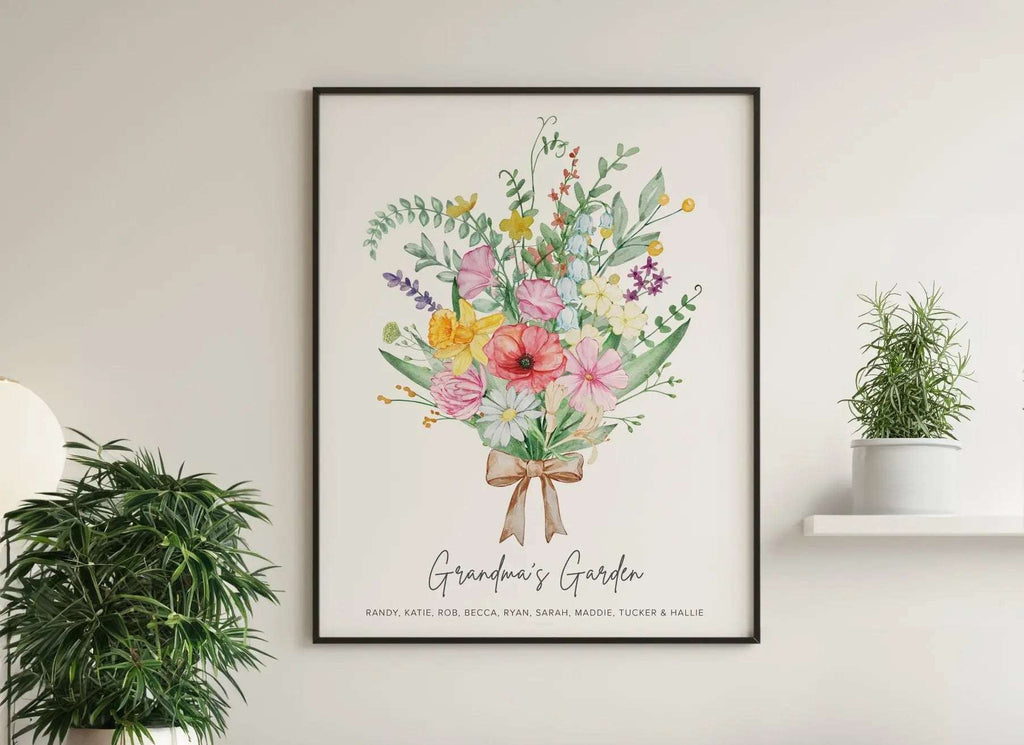 Personalised digital print featuring a watercolour birth month flower bouquet with wildflowers, customised with family names for Mum or Grandma