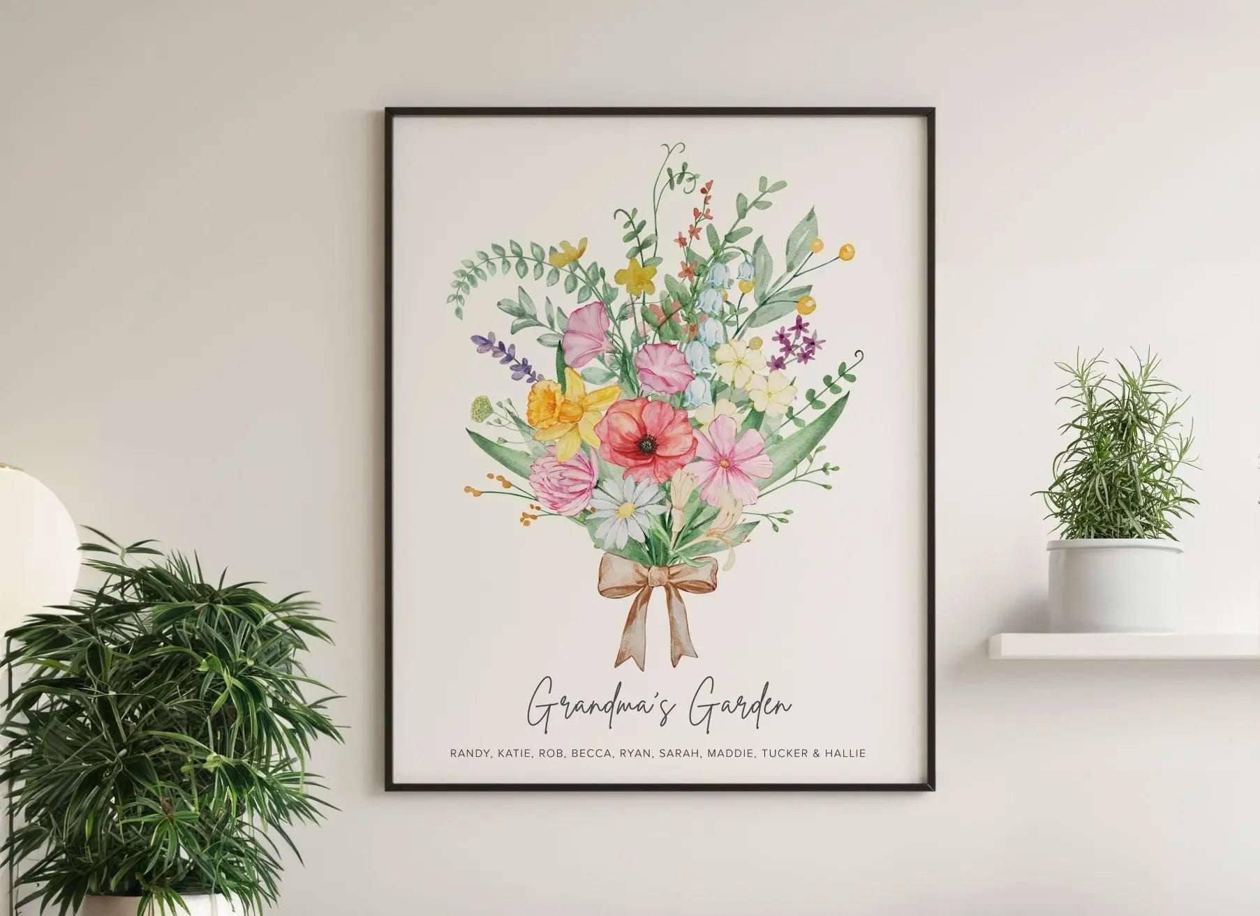 Personalised digital print featuring a watercolour birth month flower bouquet with wildflowers, customised with family names for Mum or Grandma