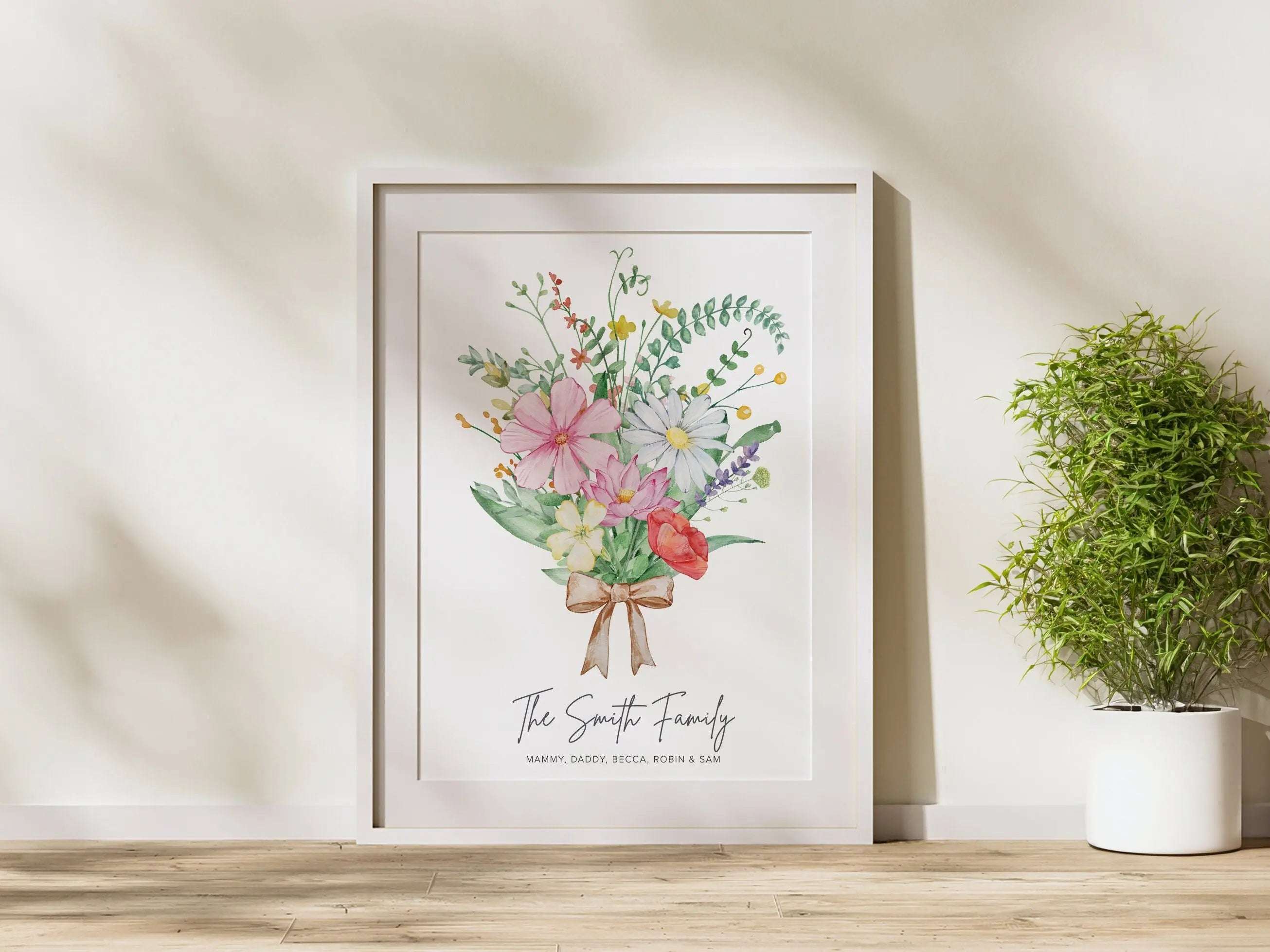 Personalised digital print featuring a watercolour birth month flower bouquet with wildflowers, customised with family names for Mum or Grandma