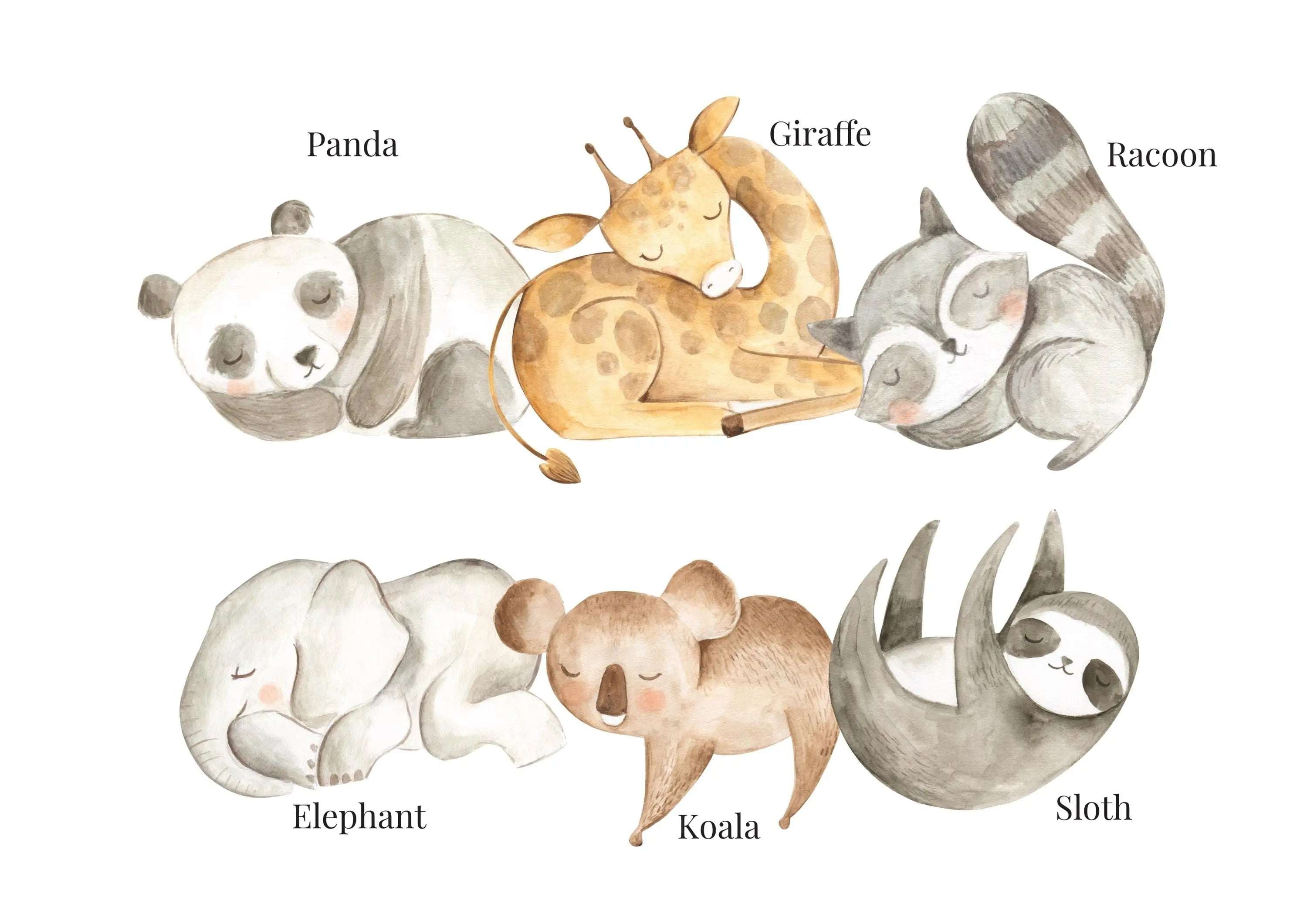 Personalised nursery print featuring two watercolour sleeping animals, soft clouds, and stars, ready for framing