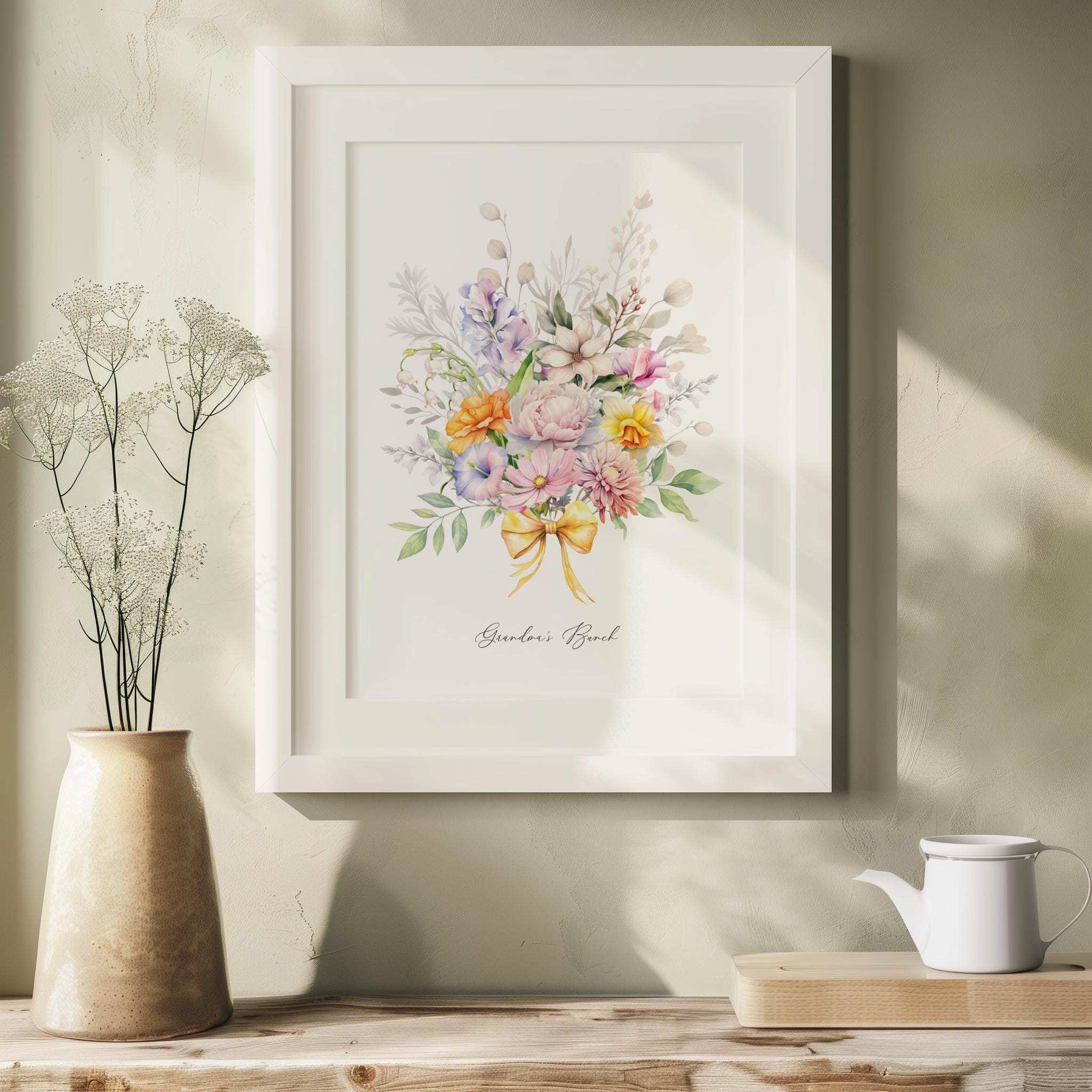 Personalised family wall art digital print showing a watercolour bouquet of 3 to 15 birth month flowers with custom names

