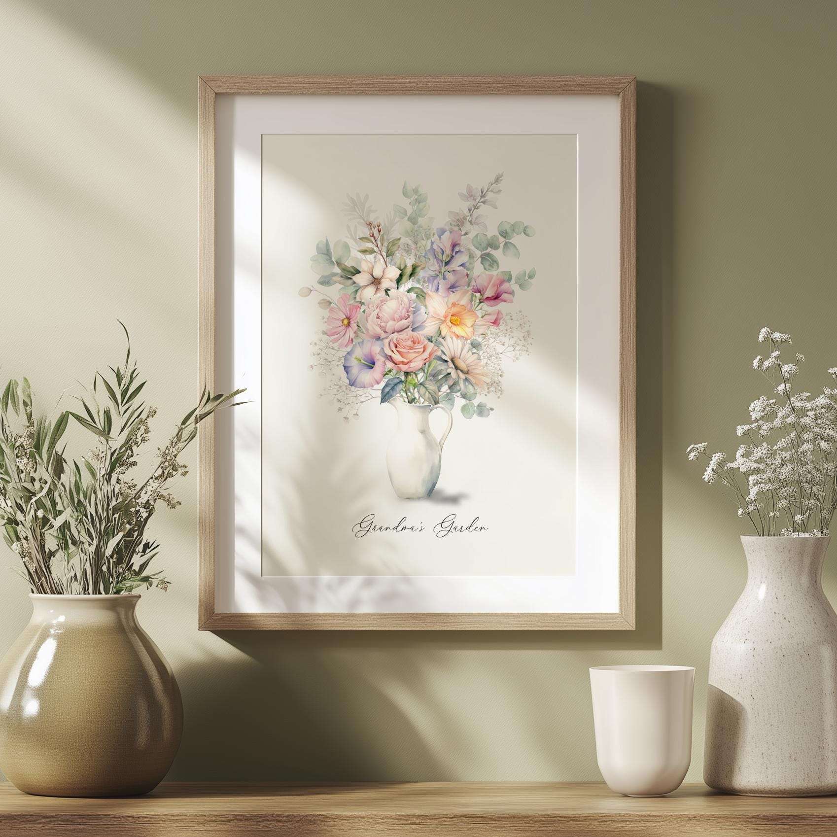 Personalised family wall art digital print showing a watercolour bouquet of 3 to 15 birth month flowers with custom names
