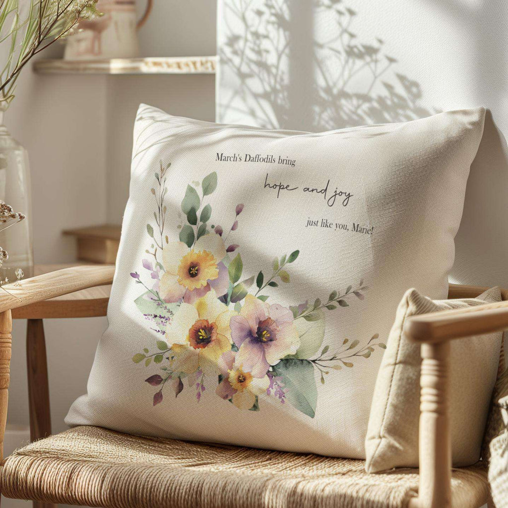 Personalised cushion featuring a single watercolour birth month flower, its meaning, and a short custom message