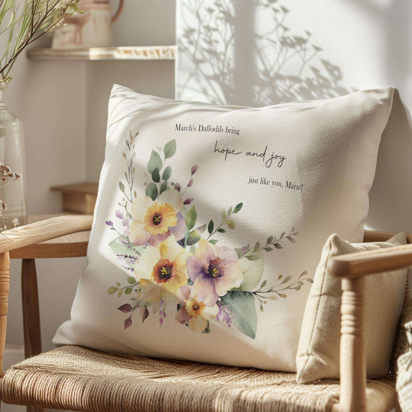 Personalised cushion featuring a single watercolour birth month flower, its meaning, and a short custom message