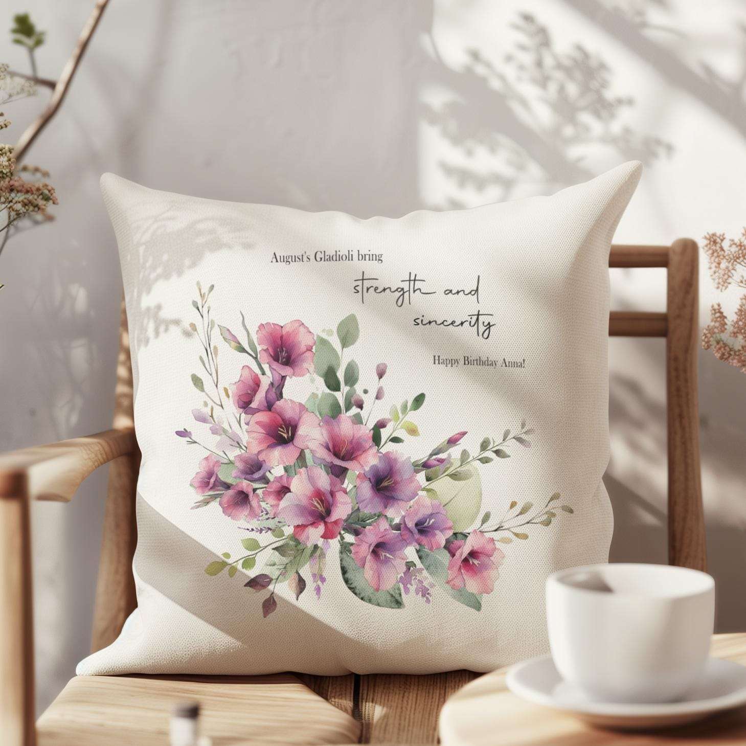 Personalised cushion featuring a single watercolour birth month flower, its meaning, and a short custom message