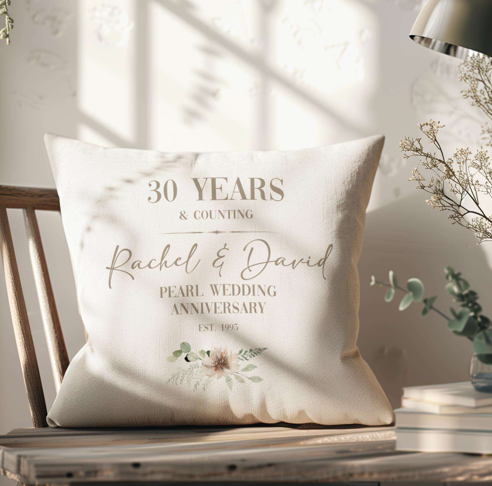 Personalised pearl 30th wedding anniversary cushion for a couple, customised with names and a significant date