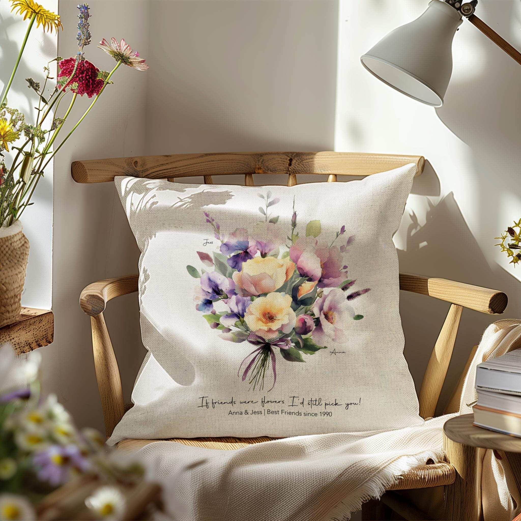Personalised cushion featuring the birth month flowers of two best friends and a bouquet of yellow roses, with custom names and message