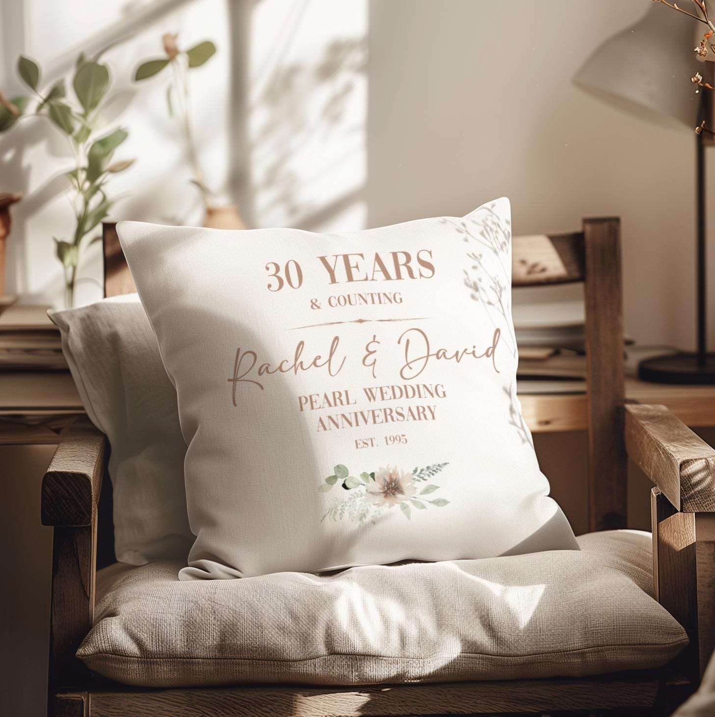 Personalised pearl 30th wedding anniversary cushion for a couple, customised with names and a significant date