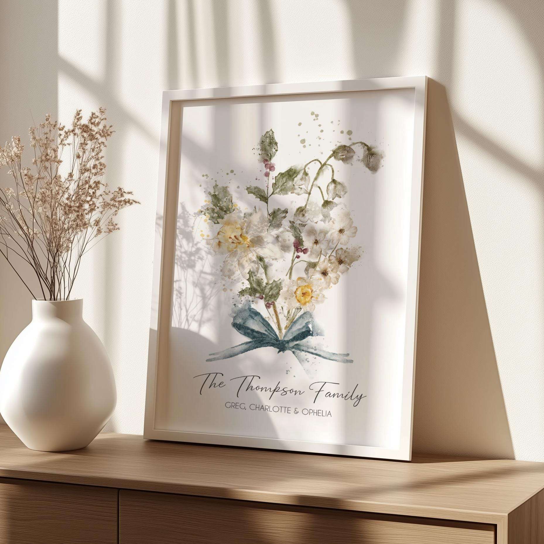 Personalised print with watercolour birth month flowers in a 'grandma's garden' arrangement, framed and ready for wall display