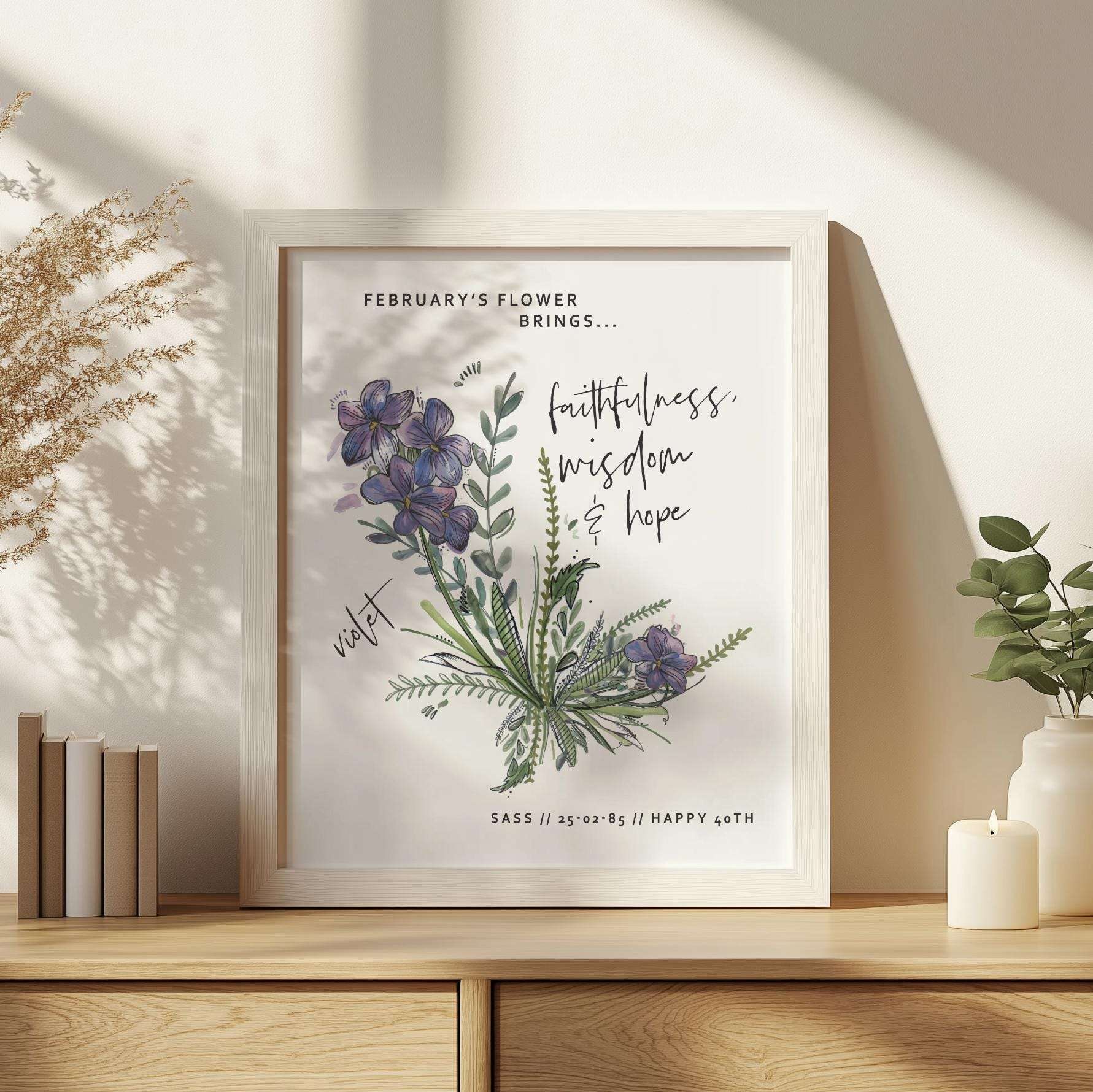 Personalised print featuring a single birth month flower in watercolour, its meaning, and the recipient's custom name