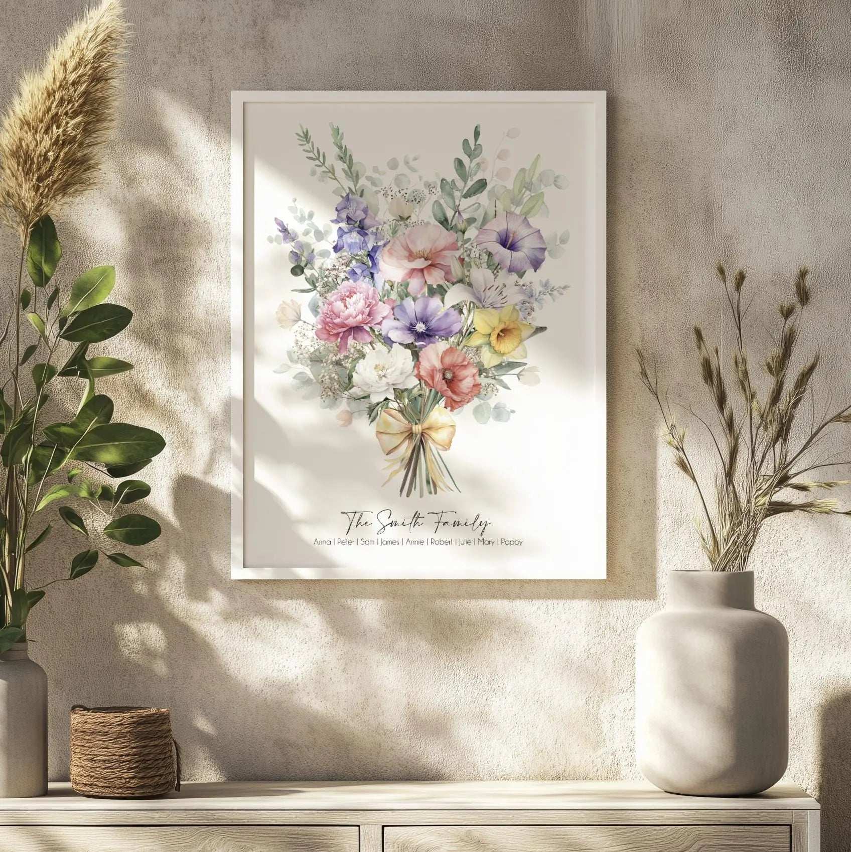 Custom digital print featuring a watercolour birth month flower bouquet, personalised with family and individual names