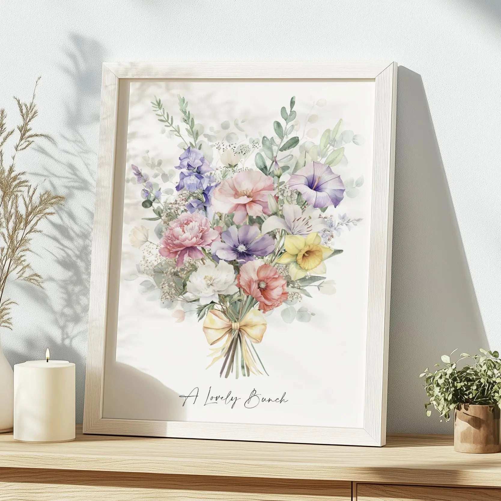 Custom digital print featuring a watercolour birth month flower bouquet, personalised with family and individual names