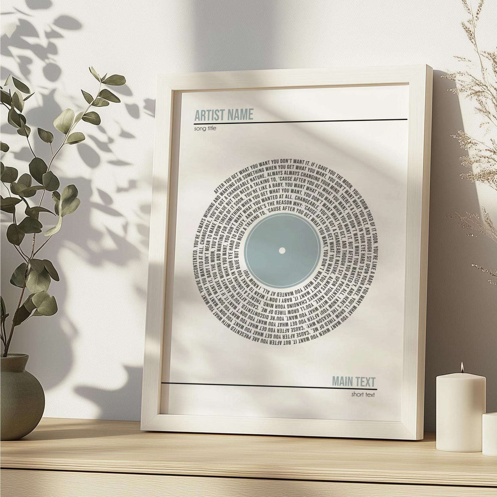 Personalised digital print featuring custom song lyrics arranged in a spiral, with a custom message and couple's names