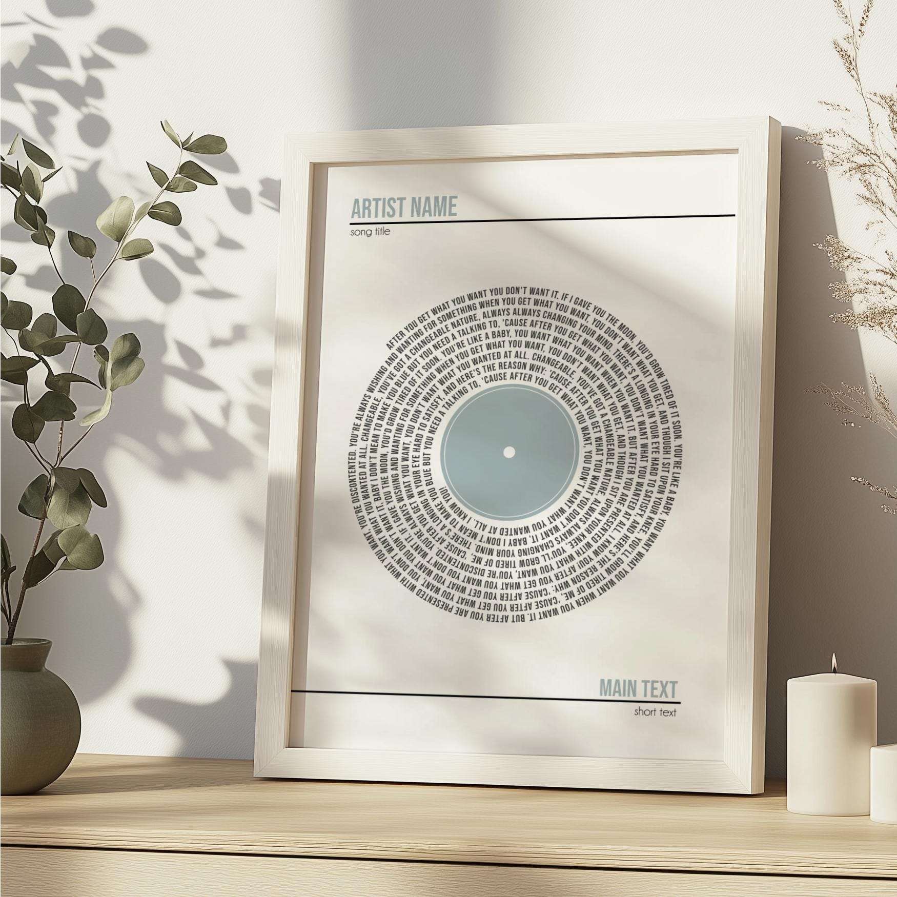 Personalised digital print featuring custom song lyrics arranged in a spiral, with a custom message and couple's names