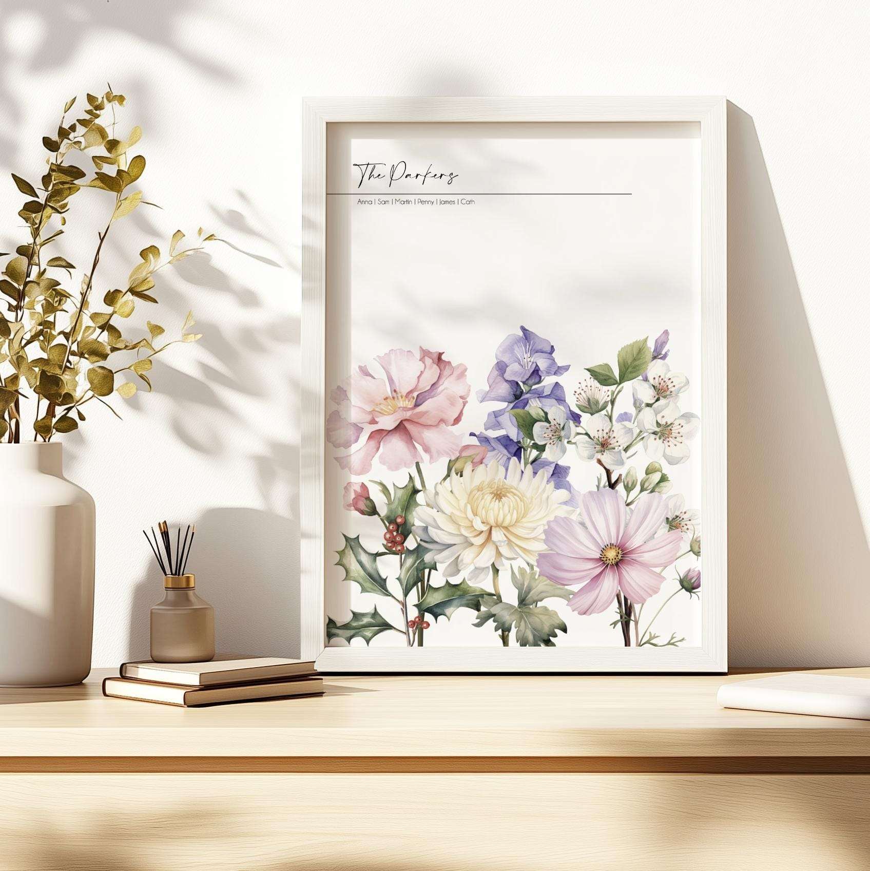 Personalised family wall art print featuring a watercolour 'meadow' arrangement of individual birth month flowers with names