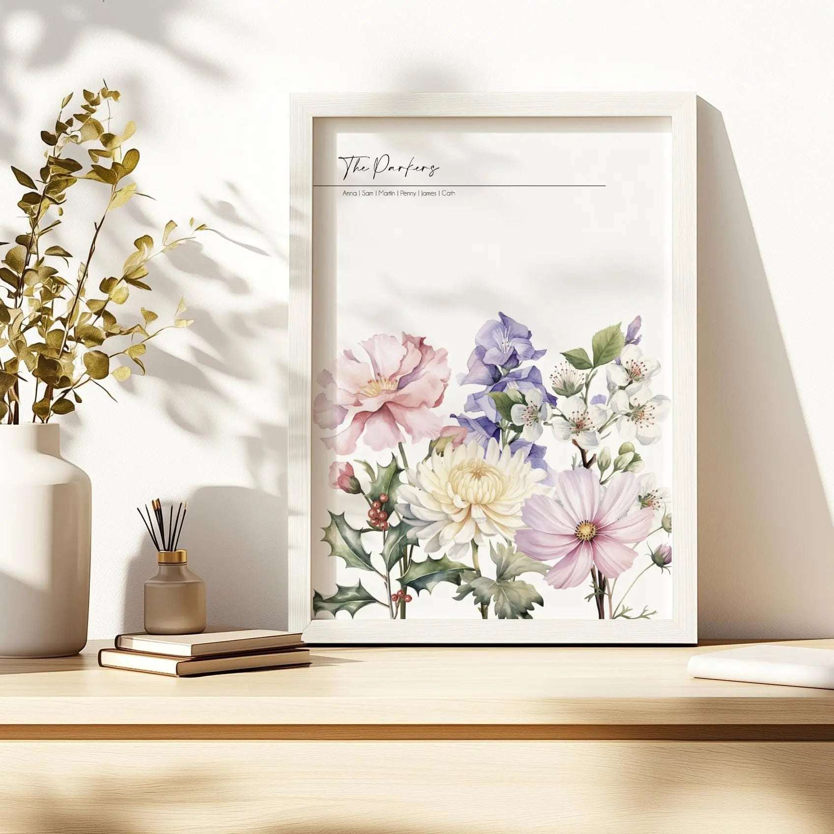 Custom digital print featuring a watercolour 'meadow' arrangement of birth month flowers with names, ready to be printed at home
