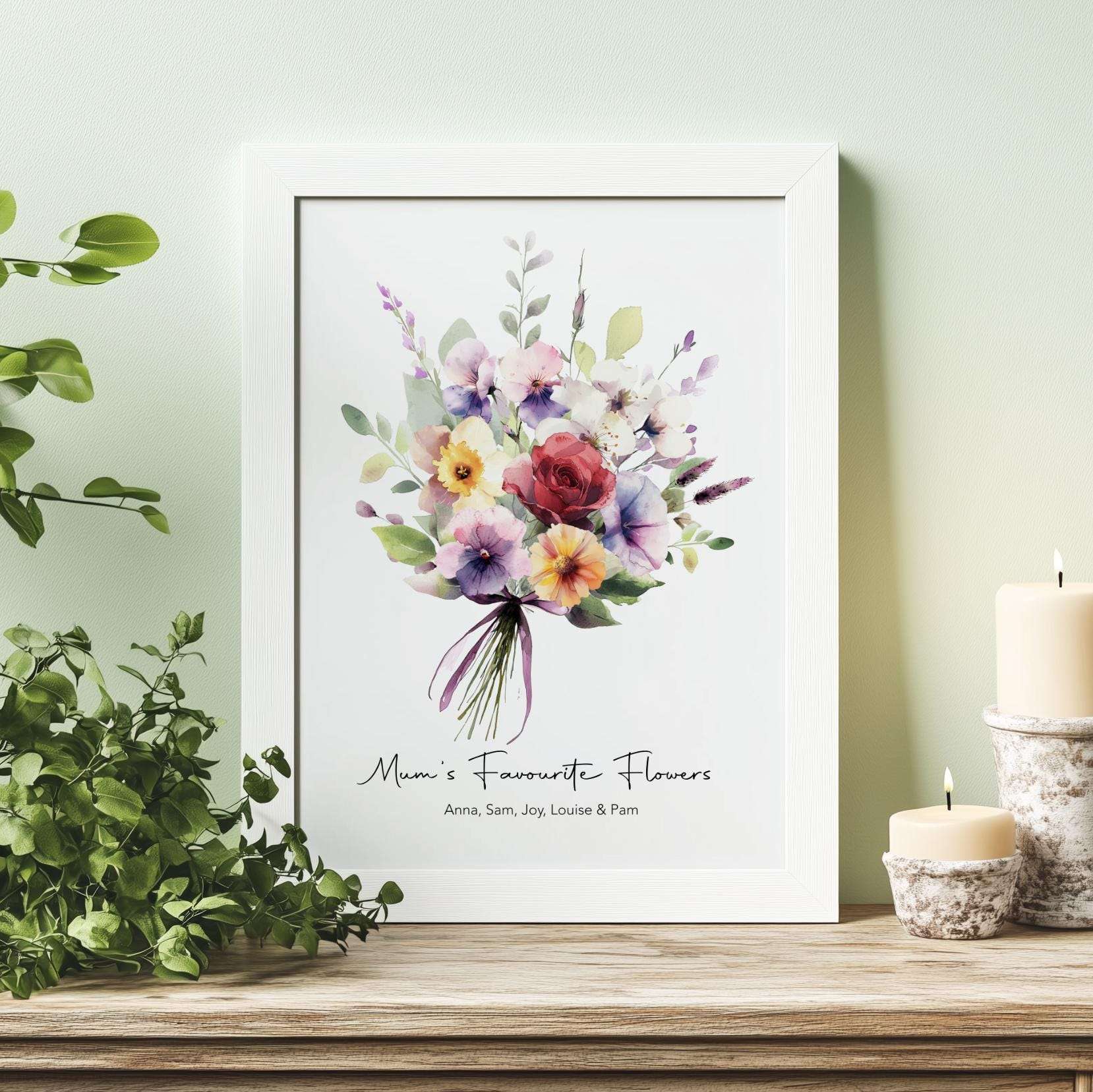 Personalised family wall art print featuring a unique watercolour bouquet of birth month flowers, suitable as a Mother's Day gift