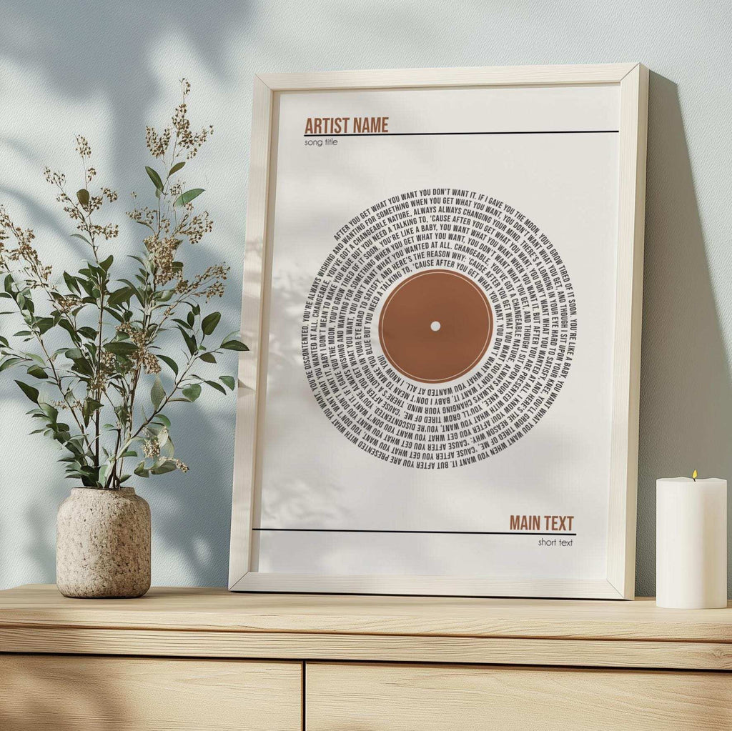 Personalised digital print featuring custom song lyrics arranged in a spiral, with a custom message and couple's names