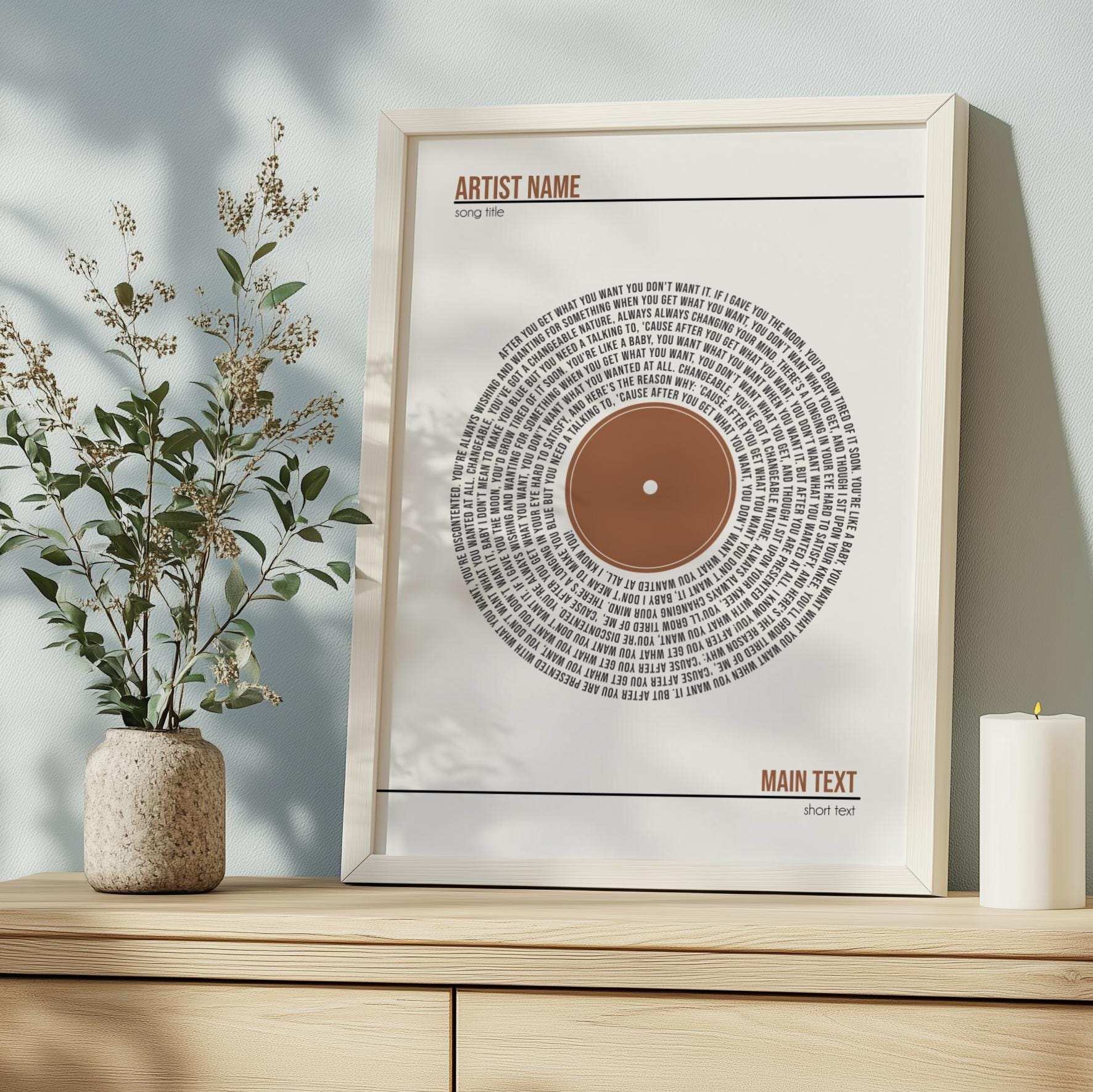 Personalised digital print featuring custom song lyrics arranged in a spiral, with a custom message and couple's names