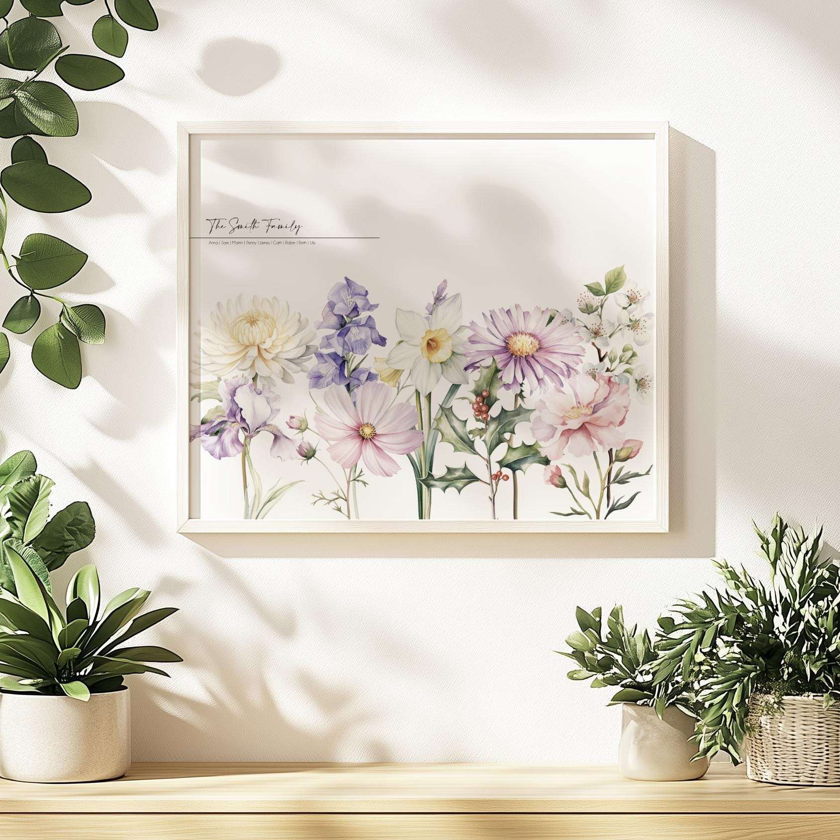 Personalised family wall art print featuring a watercolour 'meadow' arrangement of individual birth month flowers with names