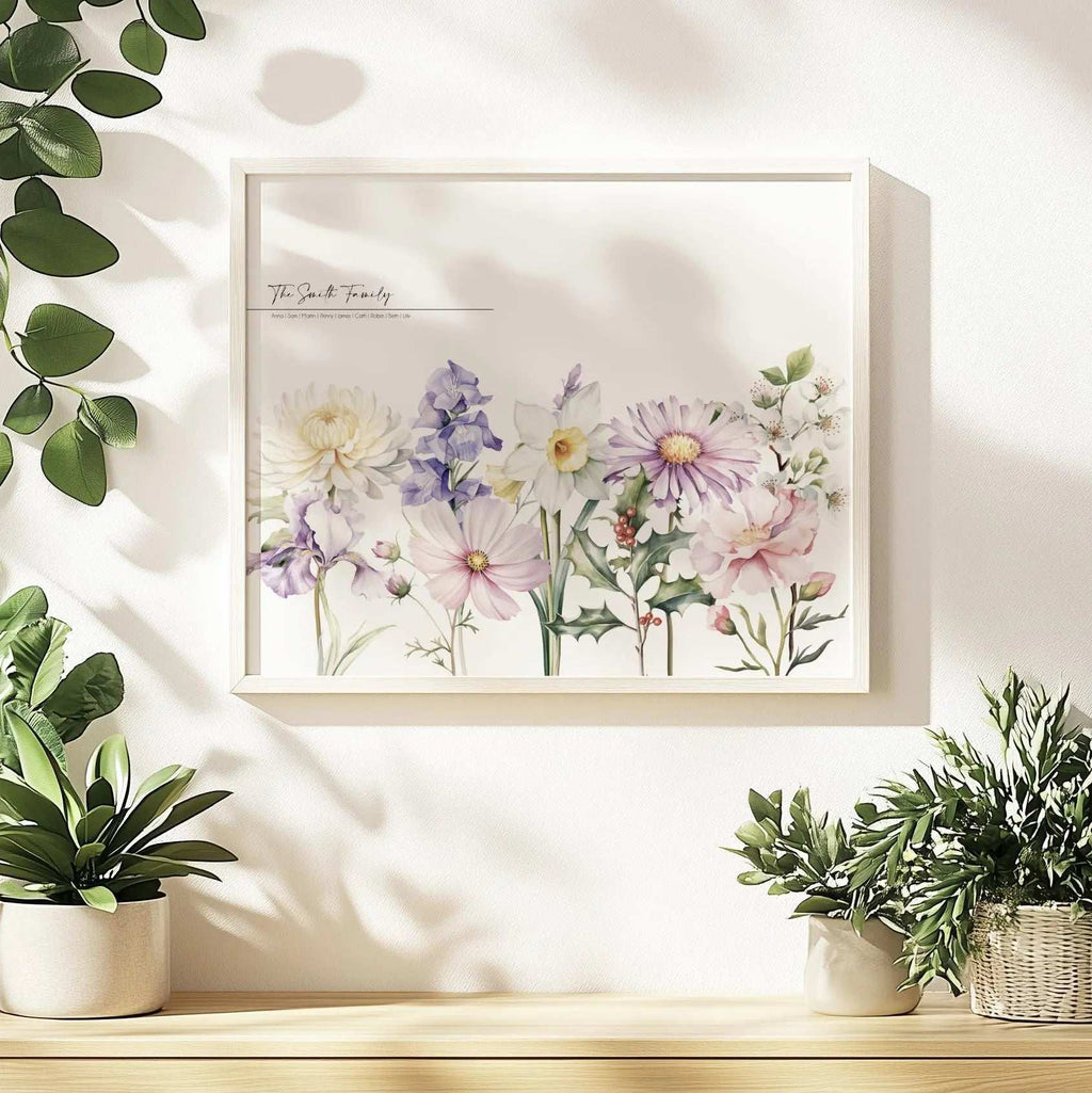 Custom digital print featuring a watercolour 'meadow' arrangement of birth month flowers with names, ready to be printed at home