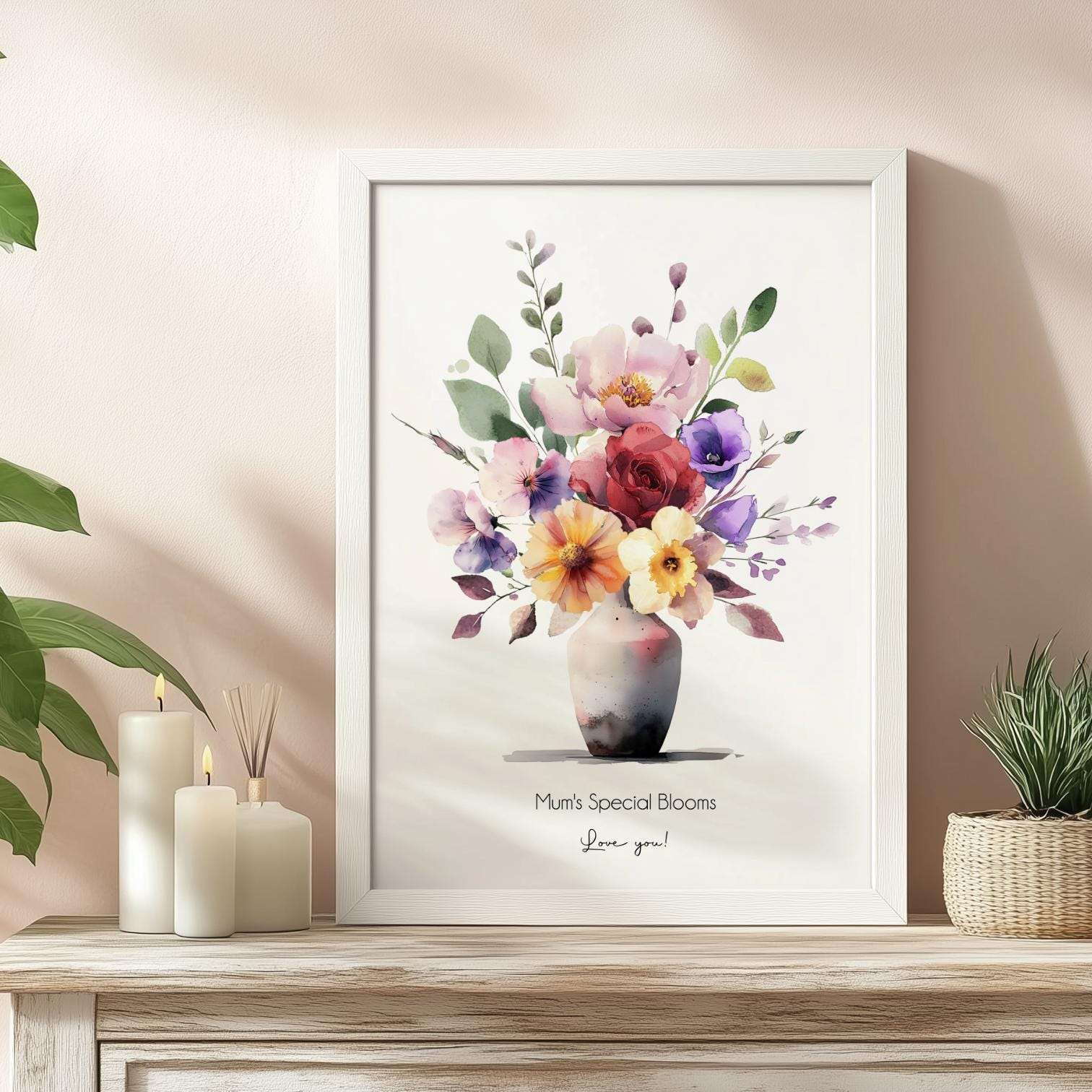 Personalised family wall art print featuring a unique watercolour bouquet of birth month flowers, suitable as a Mother's Day gift