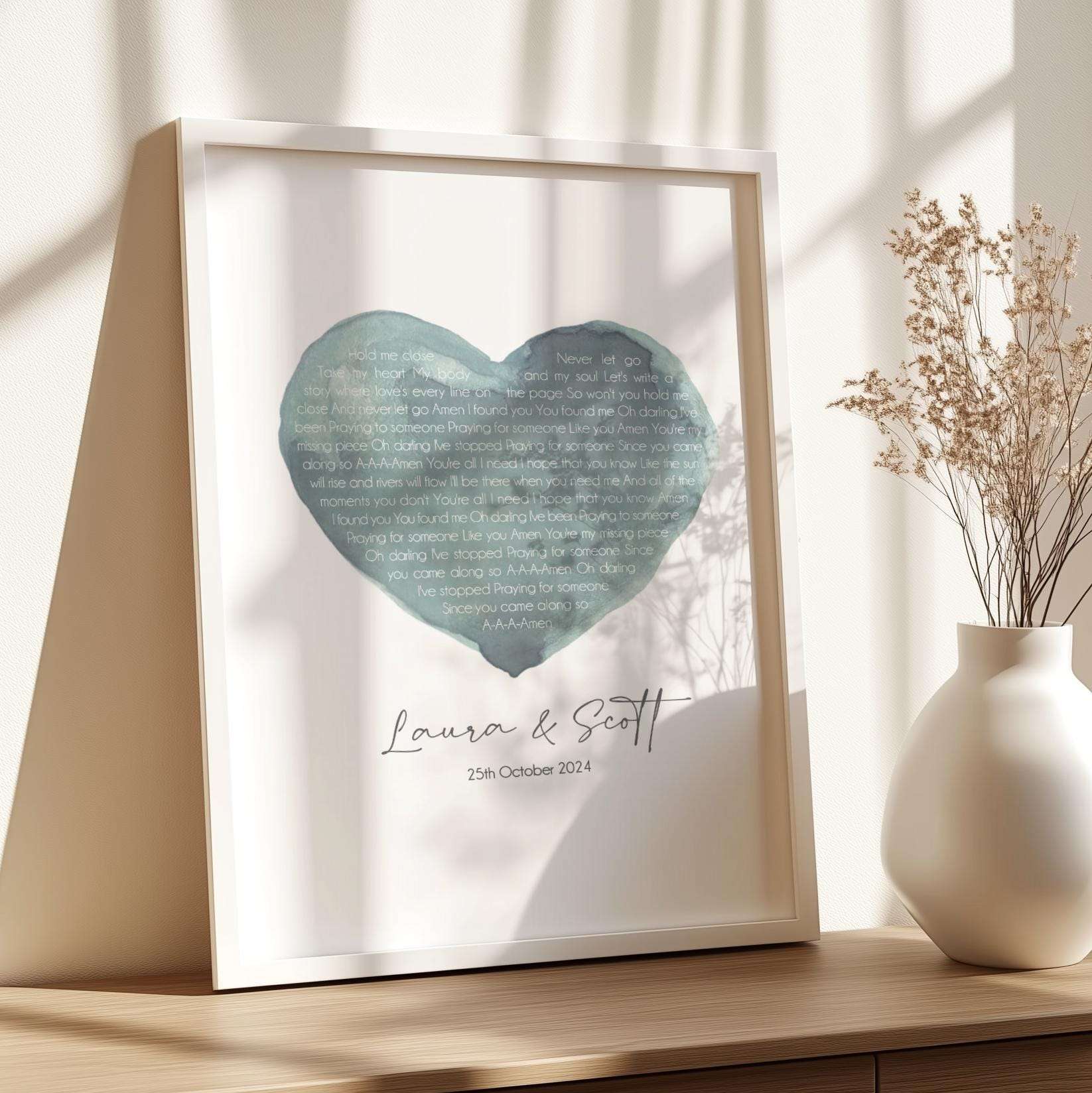 Personalised print featuring song lyrics inside a watercolour heart, customised with names and a wedding or anniversary date