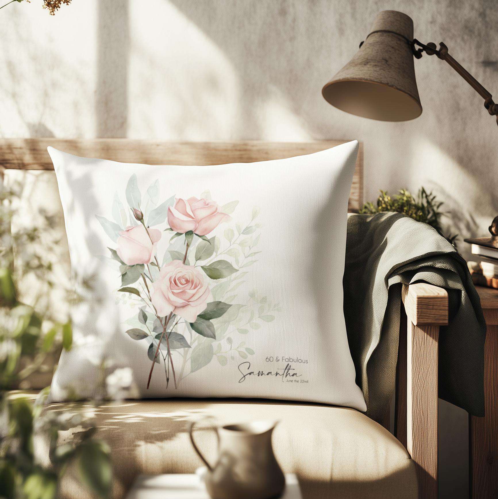 Personalised cushion cover featuring a single exquisite watercolour birth flower design with subtle foliage, ideal birthday gift for mum