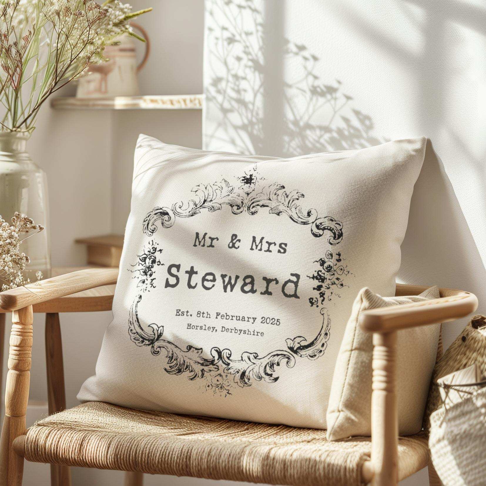 Vintage style 'Mr & Mrs' personalised cushion with custom names and wedding date