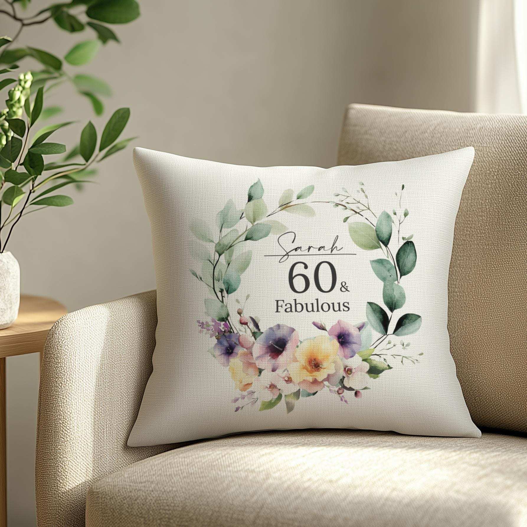 Personalised 60th birthday cushion with a watercolour birth month flower bouquet, roses, and orchids