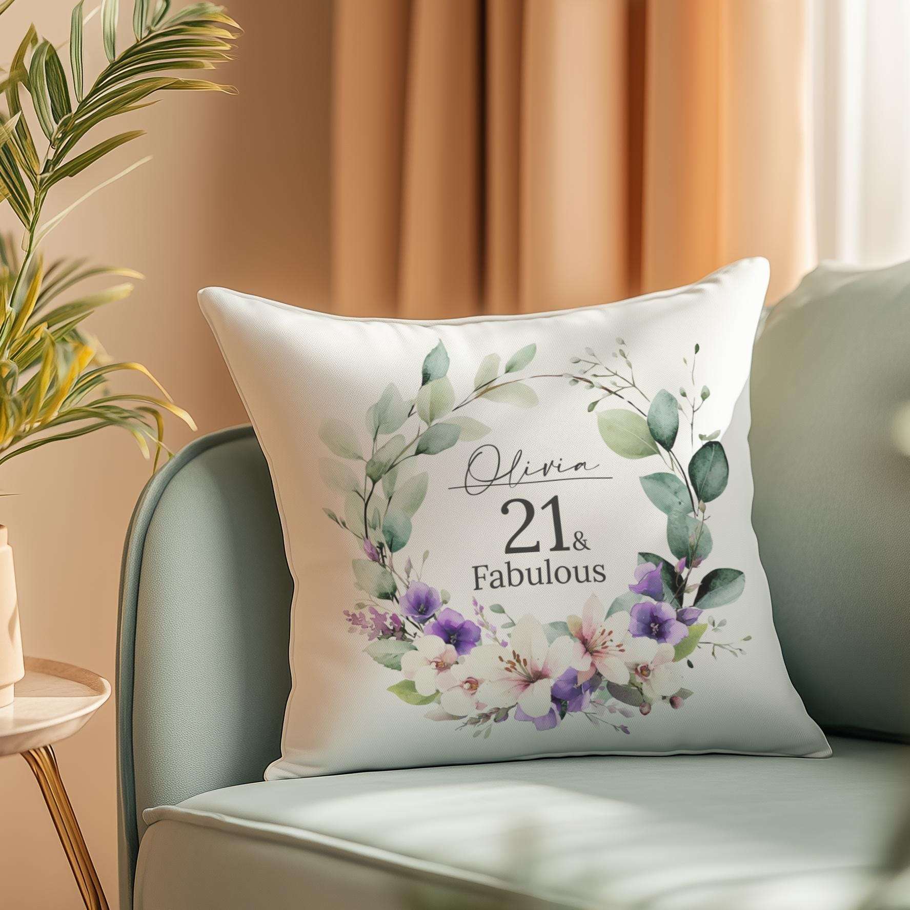 Custom 21st birthday pillow with a watercolour birth month flower design, lilies, and orchids