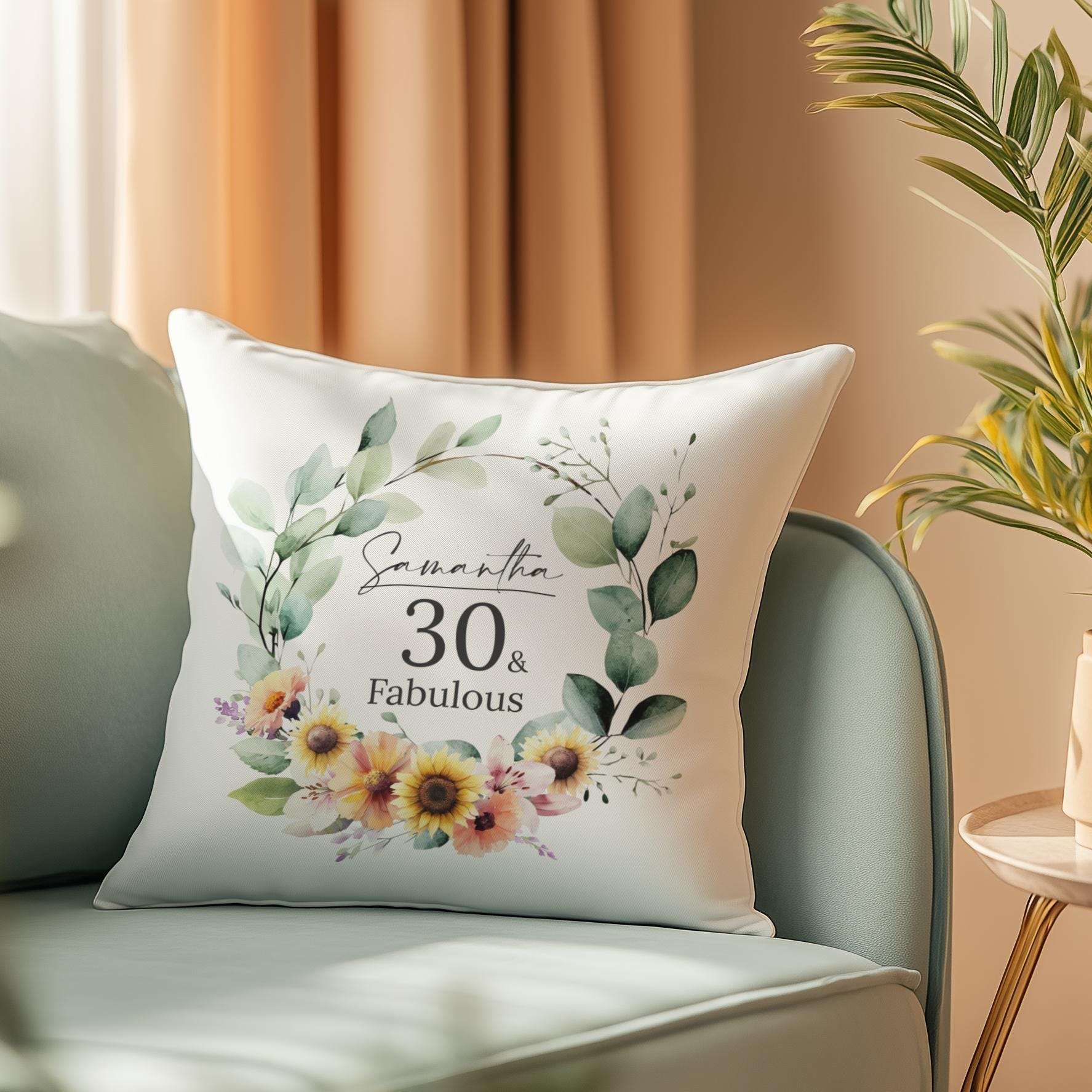 Personalised 30th birthday cushion with a watercolour birth month flower, sunflowers, and lilies