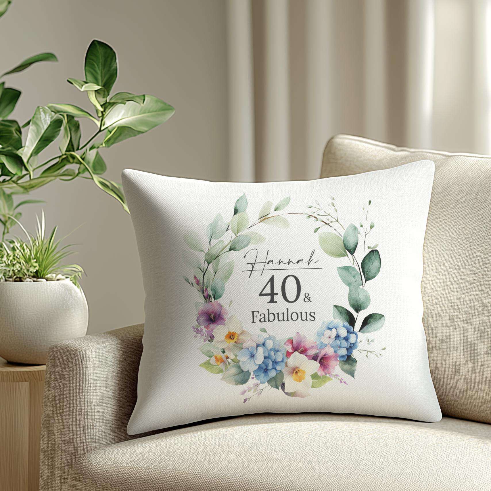 Personalised 40th birthday cushion for her with a watercolour birth month flower, gladioli, and hydrangeas
