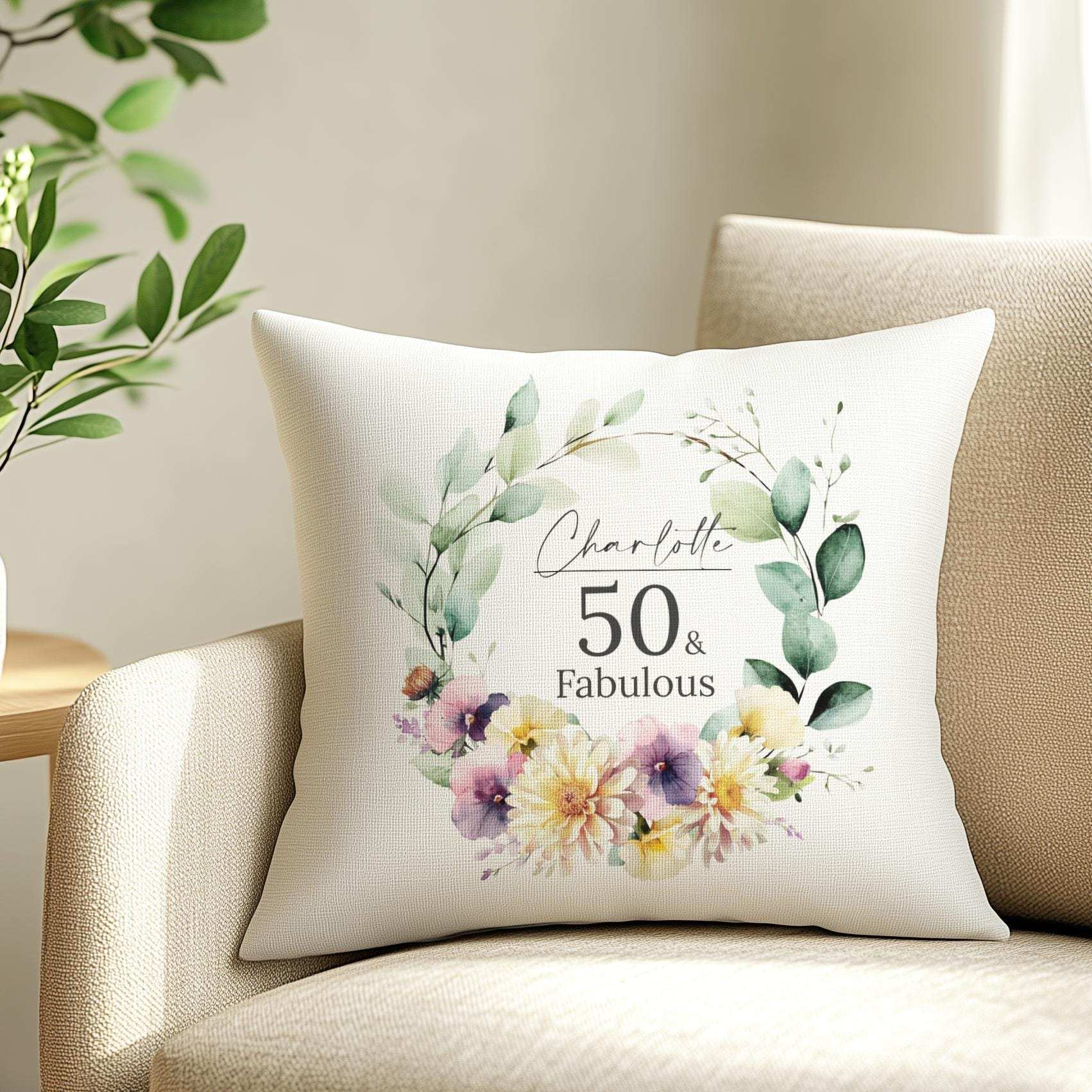 Personalised 50th birthday cushion (Golden Jubilee gift) with a watercolour birth month flower, chrysanthemums, and carnations