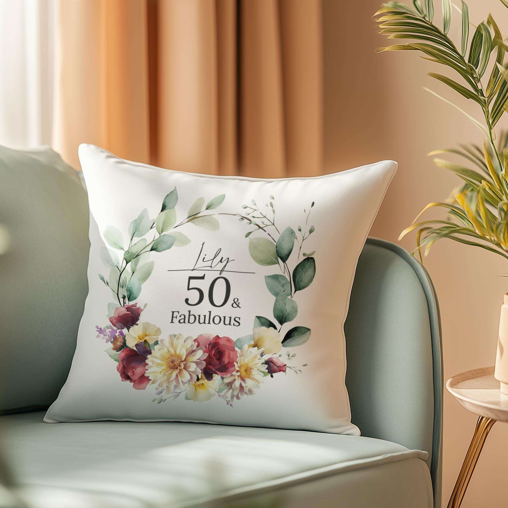 Personalised 50th birthday cushion (Golden Jubilee gift) with a watercolour birth month flower, chrysanthemums, and carnations
