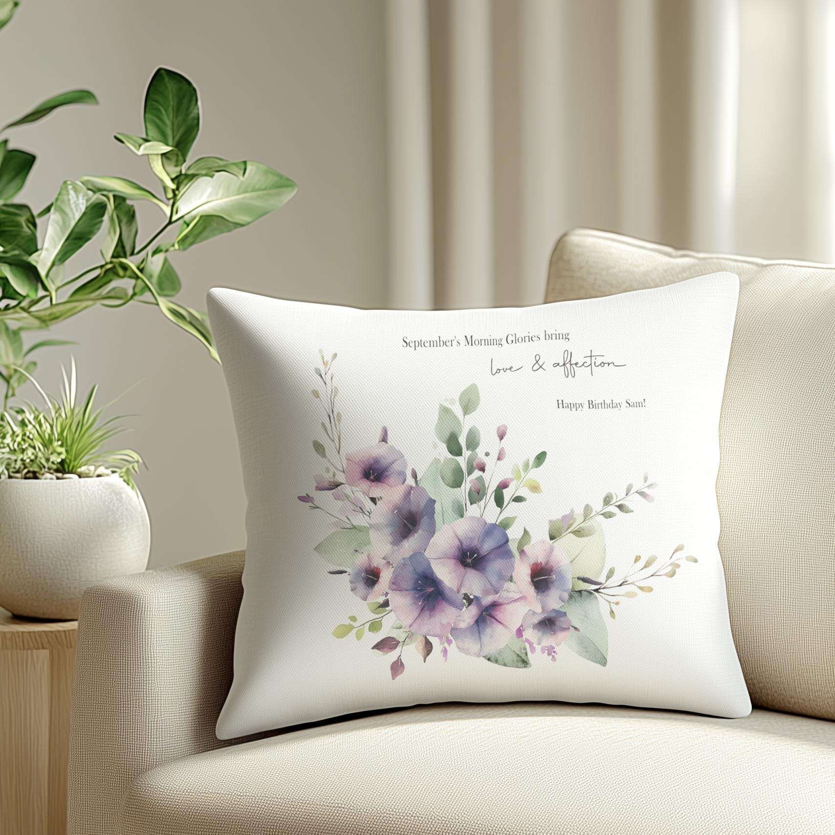 Personalised cushion featuring a single watercolour birth month flower, its meaning, and a short custom message
