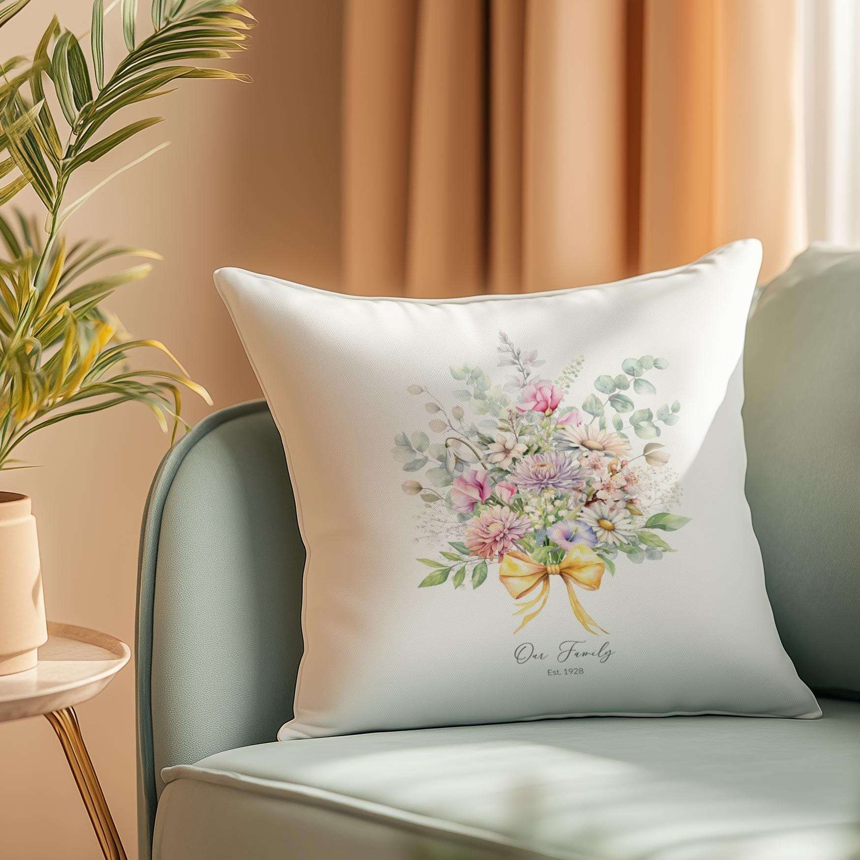 Personalised family cushion featuring a delicate bouquet of birth month flowers with custom names and family surname